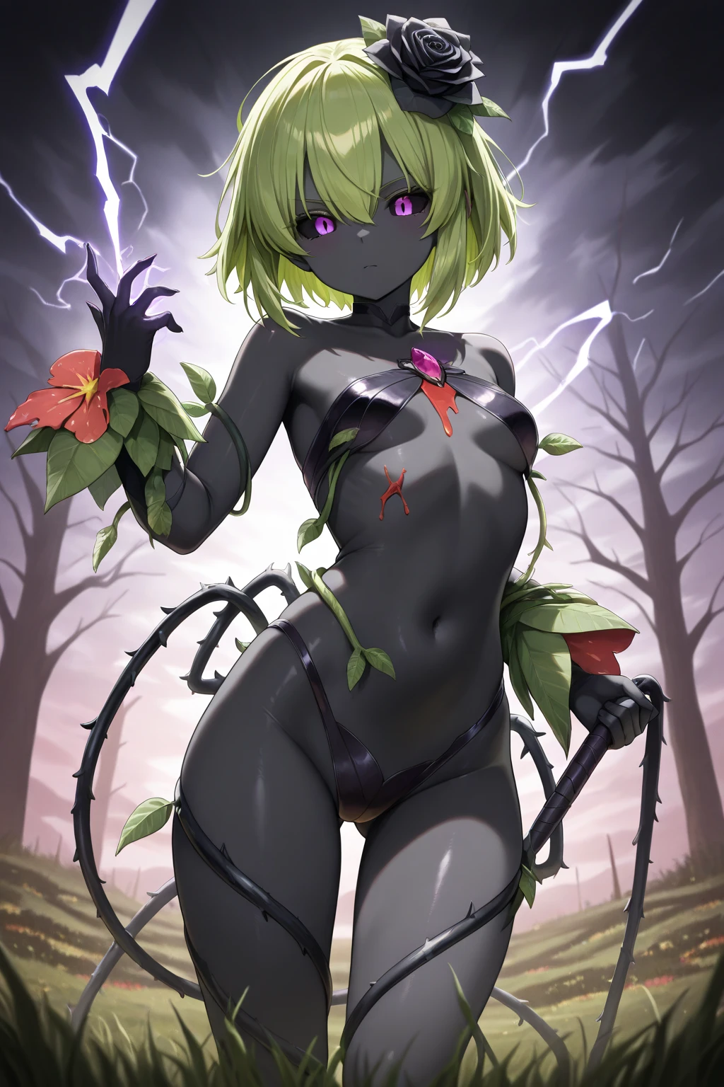 (masterpiece, best quality, ultra-detailed), 1girl, LokiKamikatsu, hooded coat, digital outfit, digital choker, digital eyepatch, white skin,looking at viewer, grass sitting trees
