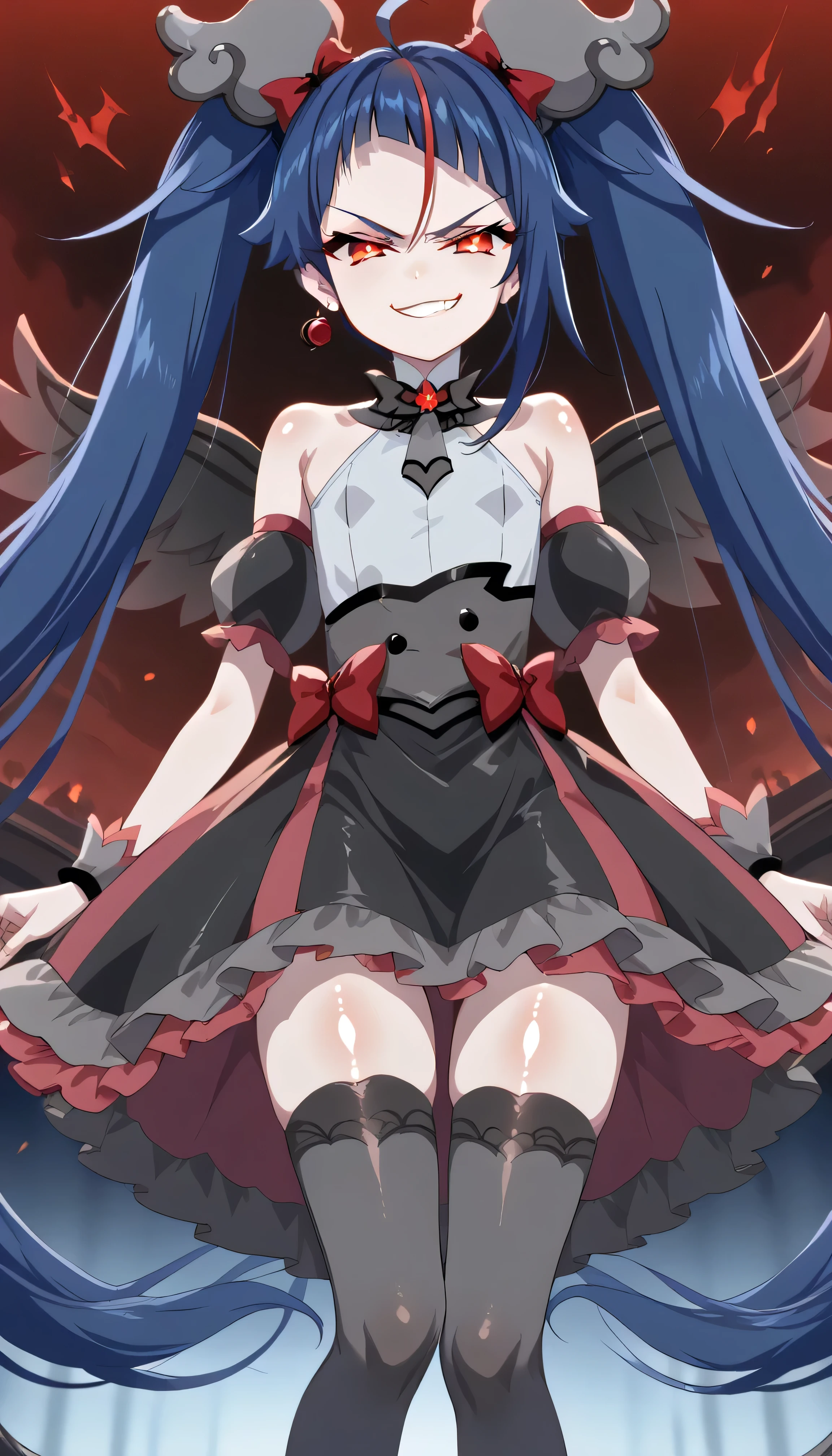 score_9, score_8_up, score_7_up, Source_Anime, official art , Anime screencap, Goddess Magazine , reflective white knee-high stockings on the glass floor , dark cure sky、( Flat-chested:1.2), lie, Back, legs up, folded from under the petite, Dark Blue Hair、 twin tails clustering in one、 , cowboy shot, , Let's play in the Pretty Cure uniform , pleated skirt , ,(evil Smirk:1.8),obscene, top quality,very detailed images,single,1 girl,(shiny skin nsfw:1.5),
