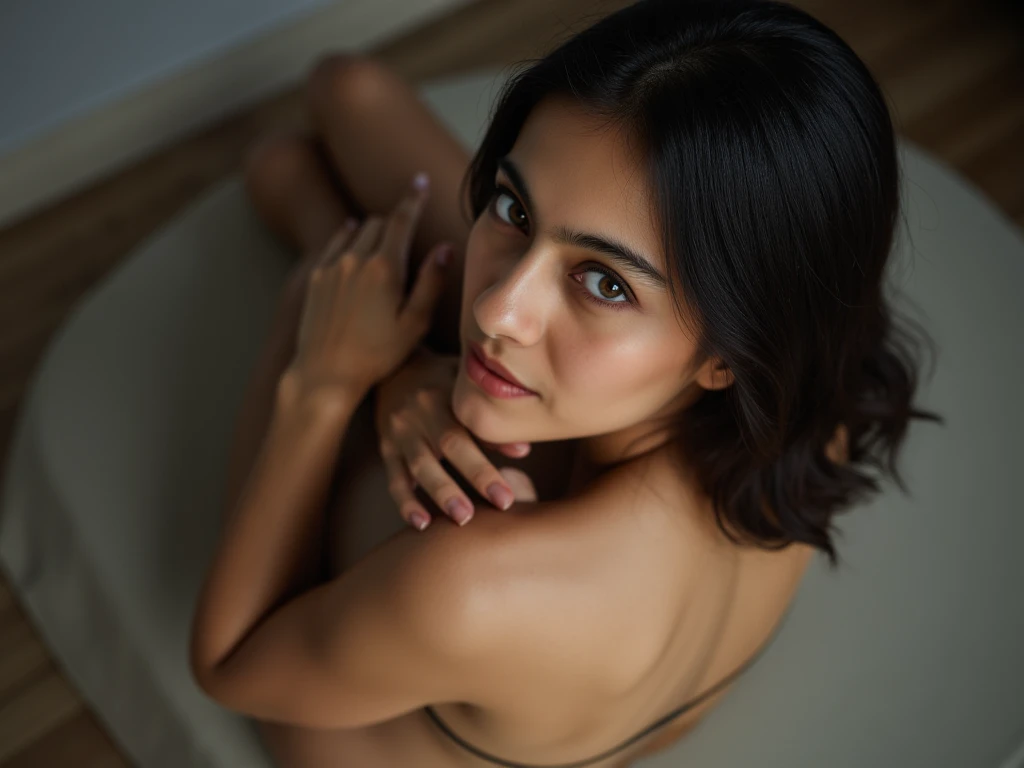 RAW photo,dark,moody,hazy atmosphere,35mm focal lenght,underexposed,cold,candid photograph,artistic,full body,photo of a beautiful,influencer,30yo Iranian woman,detailed skin,naked, looking away from viewer, thick body structure,grey background,no background, candid pose,dim room,blue light, film grain, kodak color, instagram LUT
