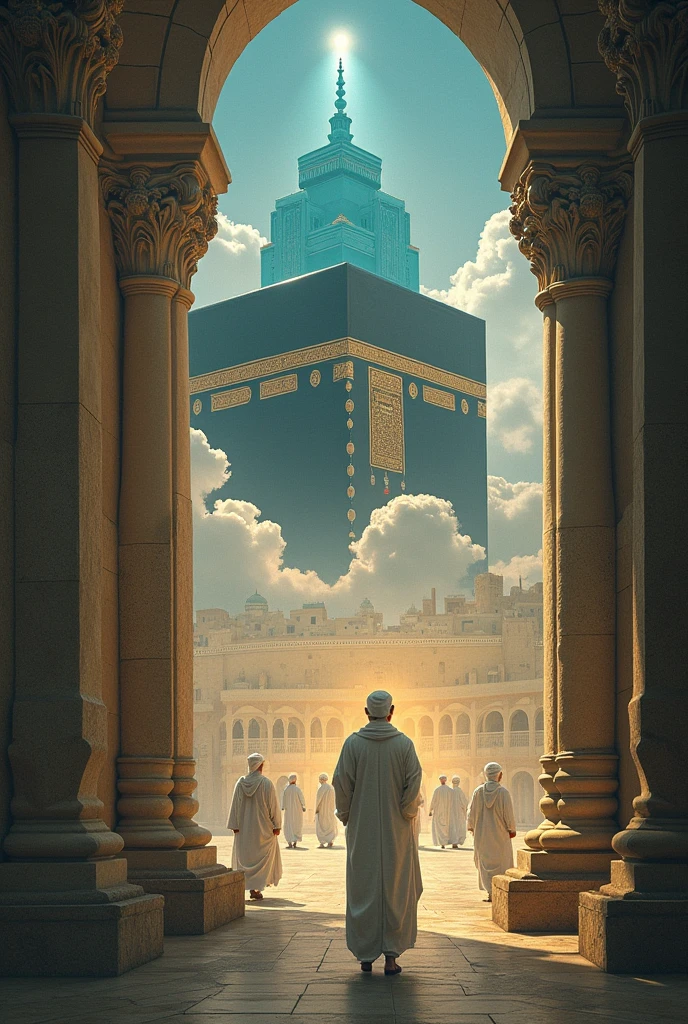 A huge, gigantic mosque on the back of the clouds in the sky, with lots of lights and lights, and giant clouds, white and gold..
High accuracy, Ultra-high-resolution display, Very detailed, luster, halo on head, color deviation, glowing light, Rays of God, A picture of bliss.
Muslim man holding phone