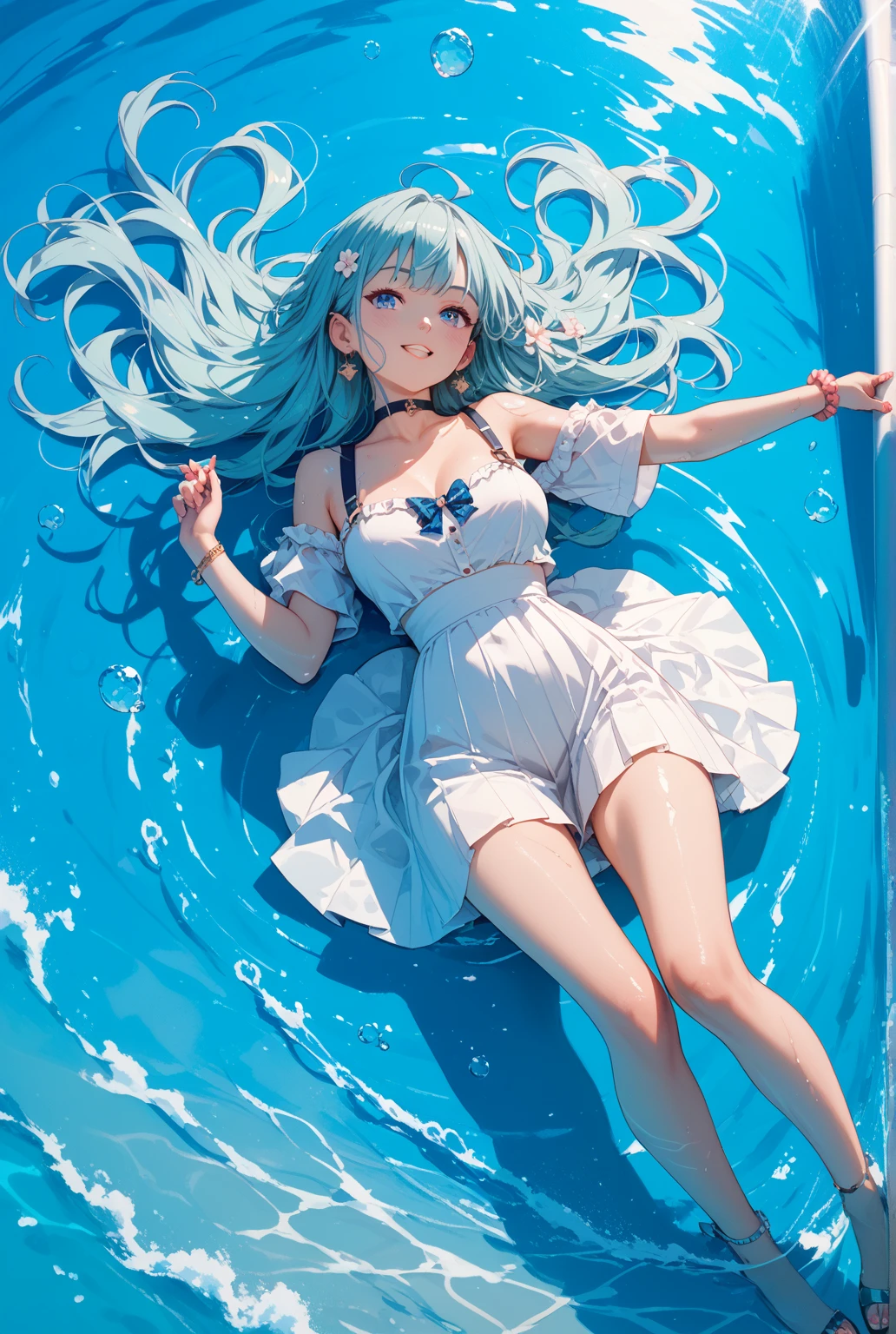underwater, 1girl, (glass tube full of colored water), glass tube, intricately connected tubes, closed eyes, (girl in the glass tube:1.5), (a girl is in a glass tube), float in the water, large breasts, white long hair, perfect body, wied hip, narrow waist, full body, in the water, (((Cryogenic Sleep))), white bikini, white panties, bubble, (closed mouth), colorful, fishing port, aquarium, blank stare