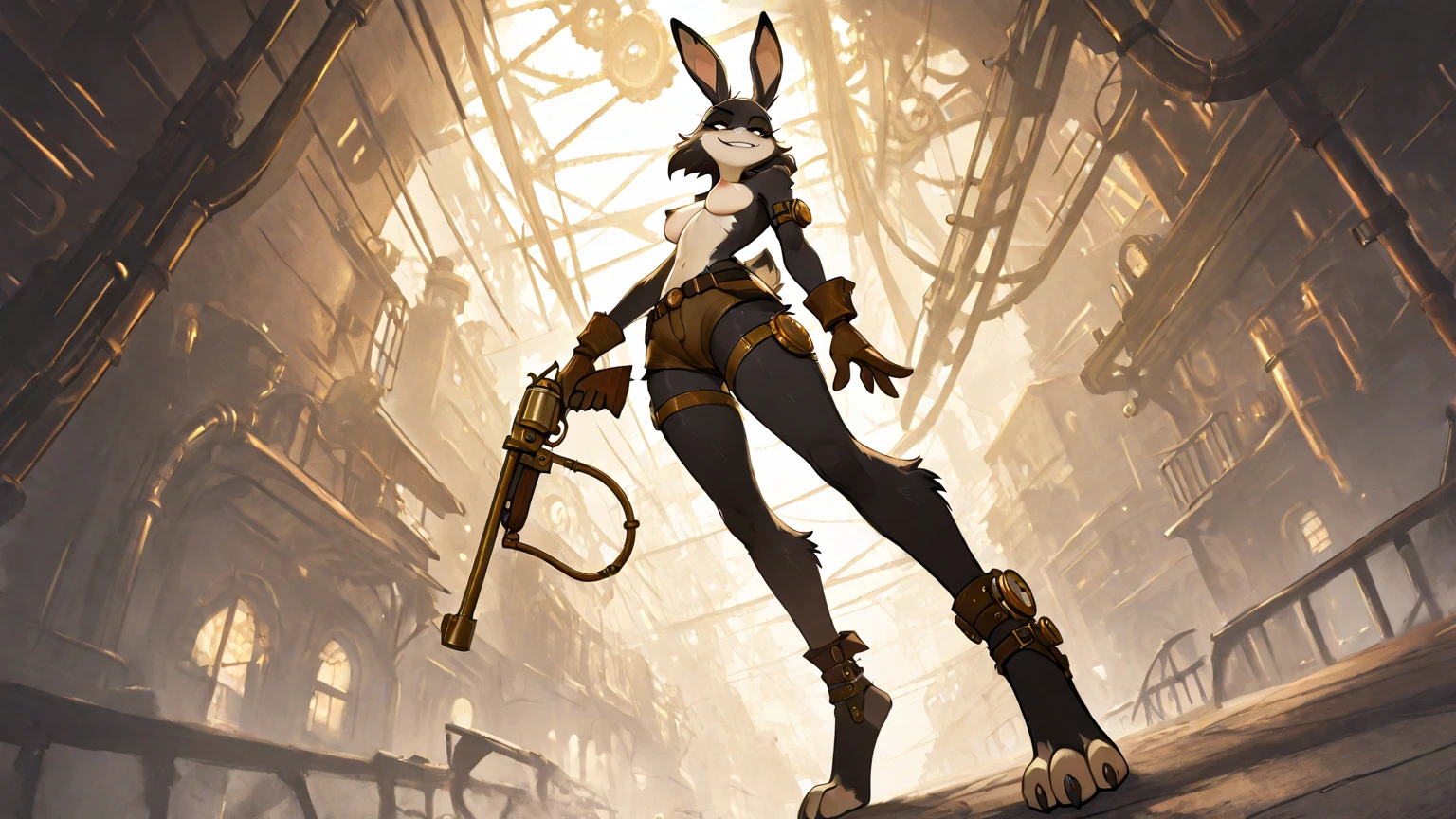 Masterpiece, best quality, Masterpiece, best quality, 1 woman , Black rabbit , ferry , red eyes , sly face , indifferent face , naked , abdomen , big breasts , Long legs , hands on hips , abandoned factory , at night