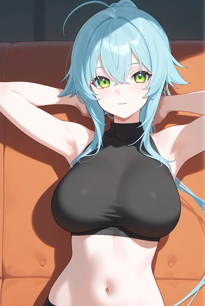(underwear:1.2),Shinono,Green Hair,Large Breasts,A light smile,Cleavage,sexy,highest quality