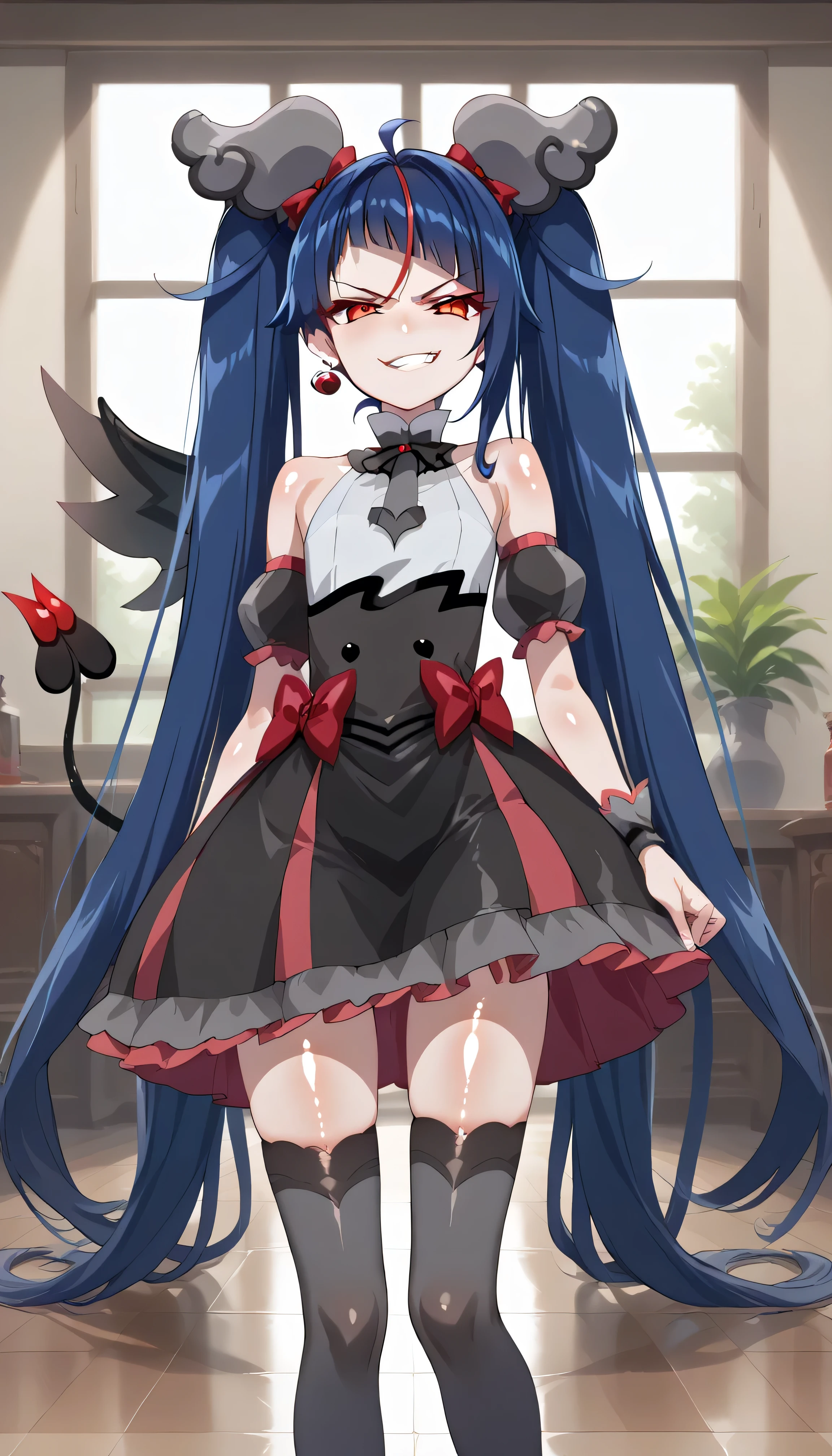 score_9, score_8_up, score_7_up, Source_Anime, official art , Anime screencap, Goddess Magazine , reflective white knee-high stockings on the glass floor , dark cure sky、( Flat-chested:1.2), lie, Back, legs up, folded from under the petite, Dark Blue Hair、 twin tails clustering in one、 , cowboy shot, , Let's play in the Pretty Cure uniform , pleated skirt , ,(evil Smirk:1.8),obscene, top quality,very detailed images,single,1 girl,(shiny skin nsfw:1.5),