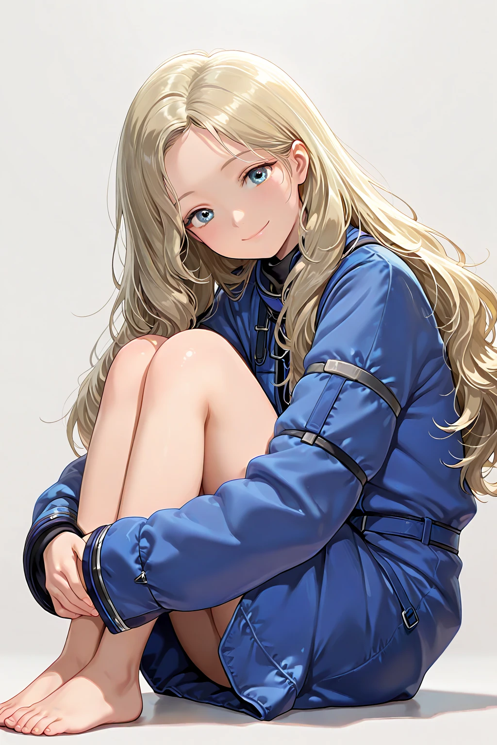 (masterpiece, best quality, good quality), side view, illustration, lovely girl, 1girl, very awa, xdianax, blonde hair, blue eyes, barefoot, knees up, sitting, sit, hugging own legs, looking at viewer, smile, smiling, closed mouth smile, (plain white background)