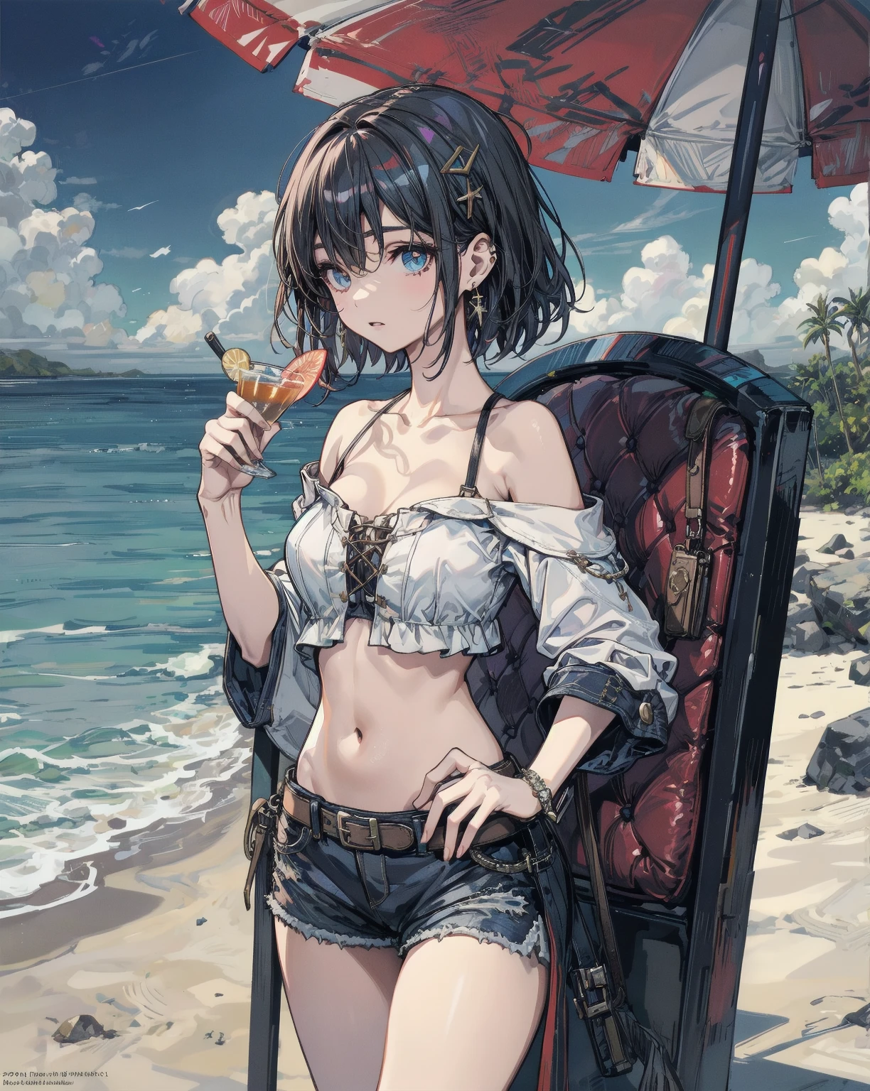 masterpiece, best quality, 1 girl, <lora:vikalaGranblueFantasy_20:1>, invikala_swim, bare sholder, black shirt, black hair, black shorts, hat bow, navel, red eyes, sandals, short hair, short shorts, sun hat, beach
