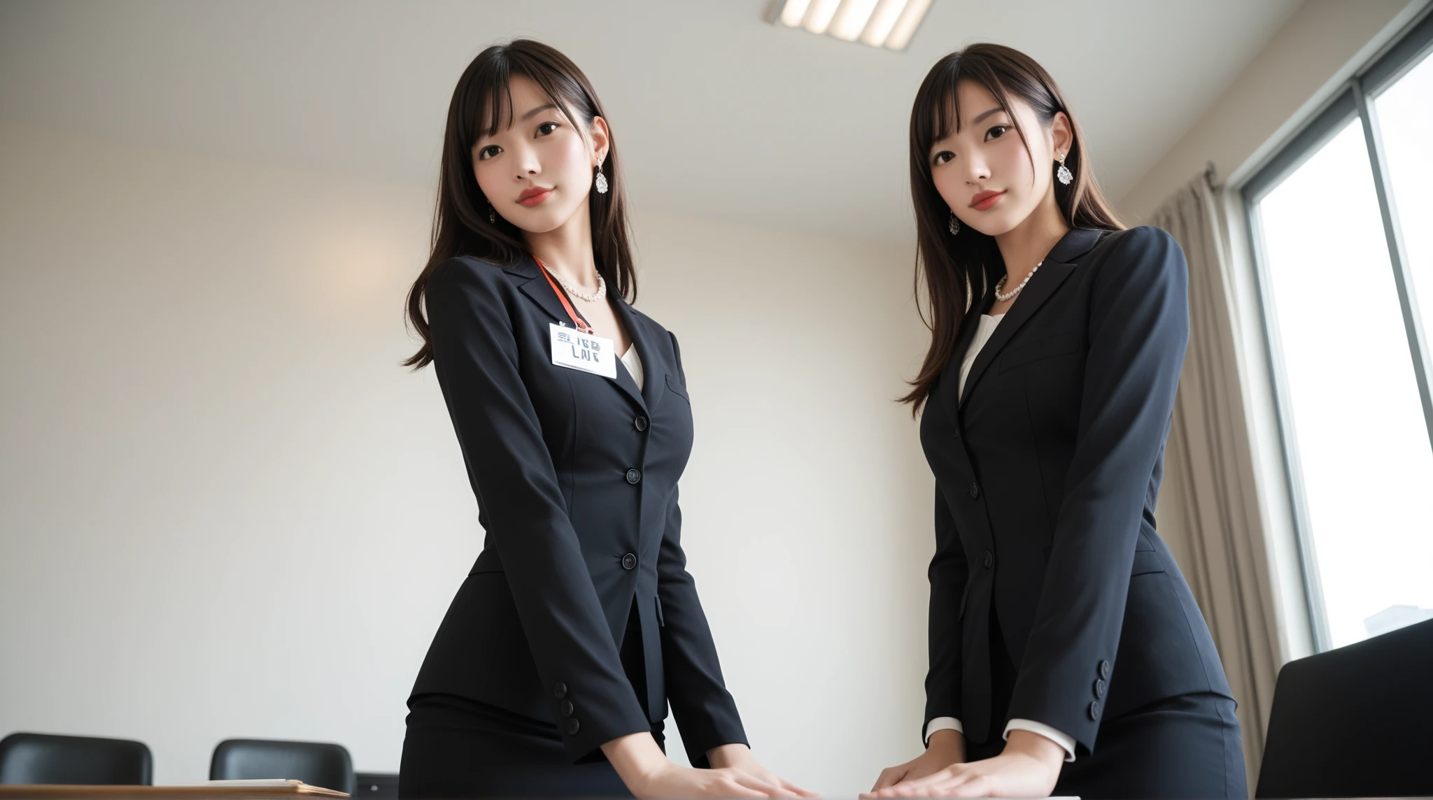 Beautiful woman, 25 years old, high ponytail, bright purple hair (like bright silver), perfect purple hair, Beautiful , (Realistic skin),elegant upper class wearing a black pantsuit, black jacket, white shirt,  visible, black pumps, and a business shirt. Elite secretary, working in the office, wearing a strict business suit, pantsuit style, wearing luxury high heels, girl wearing a shirt, wearing a business suit, wearing a business suit, black nail art, business Wearing a suit, Businessman, Business clothes, Wearing a black business suit, Wearing a white shirt and black jacket, Woman in a business suit, Business suit, Business attire, Raw photo, (8K, highest quality, Masterpiece: 1.2), (Complex Detail: 1.4), (Photoreal: 1.4), Octane Rendering, Complex 3D Rendering Super Detail, Studio Soft Light, Rim Light, Vibrant Detail, Super Detail, Realistic Skin texture, surface details, beautifully detailed eyes, highly detailed CG Unity 16k wallpaper, supplement, (detailed background:1.2),pony tail