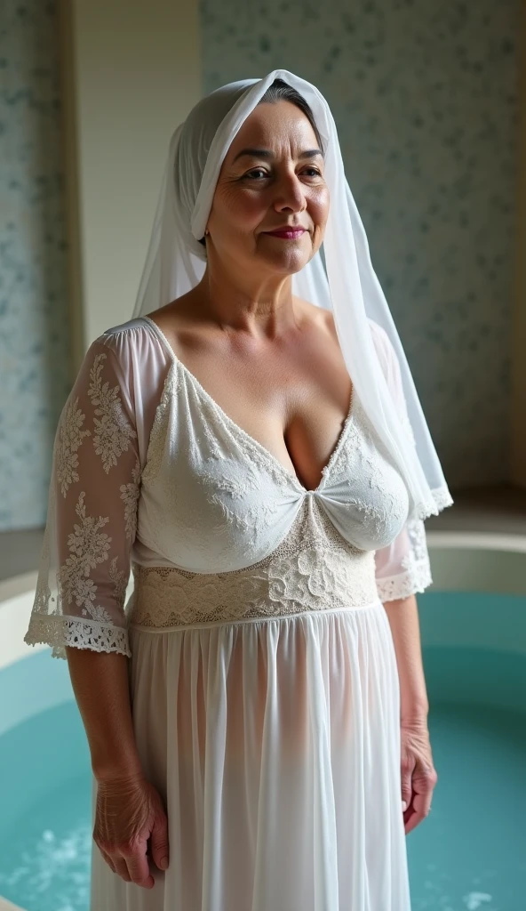 ((national geographic anthropology hyper detailed photo, torso framing, two naked voluptuous wrinkled 60yo italian nuns, year 1500, kissing in a thermal bath cavern, immersed in warm water)), ((almost nude, smiling inviting provoking)), ((masterpiece)), best quality, photorealistic, raw photo, realism, (((topless tunic, open on voluminous saggy heavy long , well defined perfectly rendered nipples, proudly exposed boobs))), very tight clothes, nighttime, very dark lighting, wrinkled face, plump, double chin, (naked, ready to take a bath in an ancient convent), eyeglasses, ultra dark ambient during a night blackout, with no lights except few candles, calm atmosphere, detailed fetish magazine photo ((centered on breasts)), ((ultra low angle side shot, floor level, wide angle lens)), side light underline body volumes and curves and skin texture emerging from the black obscure background, bokeh