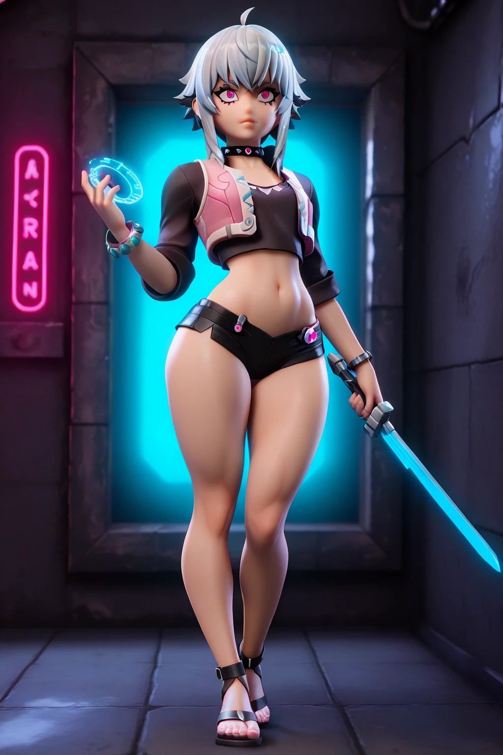 1girl, solo, tentacle hair, dark skin, dark-skinned female, piercing, octarian, mole under mouth, long hair, mole, full body, multicolored hair, pink pupils, purple hair, standing, cephalopod eyes, green eyes,looking at viewer, two-tone hair, legs apart, black hair, blush, aqua eyes, big breasts, very_dark_skin_girl, full black armor combine with Shogun combine with hoodie combine with samurai armor,shoulder armor, hand armor, holding a sword, full armor, metal armor, long sword