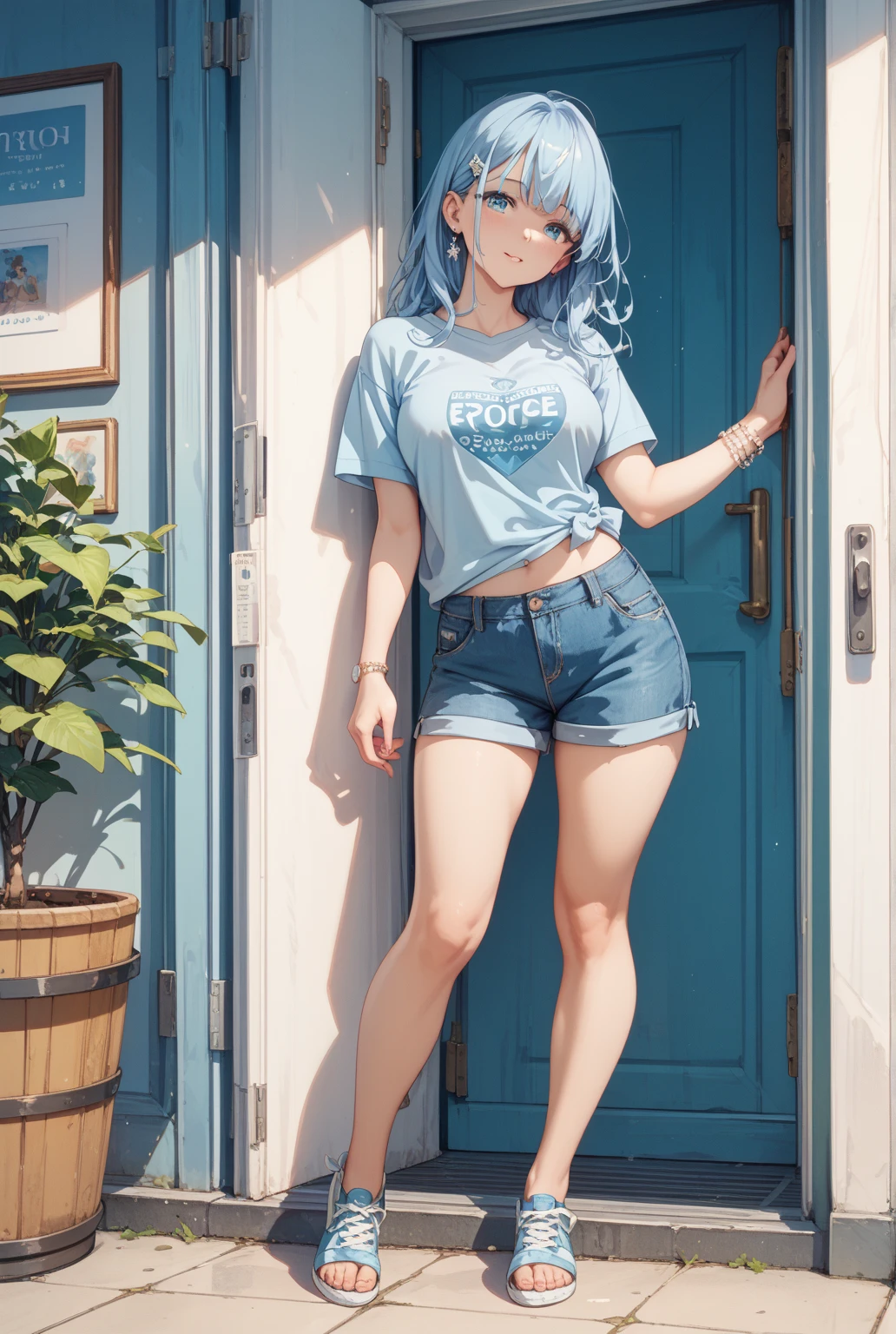 NSFW, top-quality, intricate detailes, chromatic abberation, 1girl in, Dynamic Pose, Cinematic Angle, length hair, Blue Highlights, heterochromia iridis, Gentle smile, Oversized T-shirt, Super Super Mini Skirt, Pull up your skirt to show your panties, Cowboy Shots, wind lift, (oversize tshirt: 1.2 inch), Concrete walls, doodle, the street