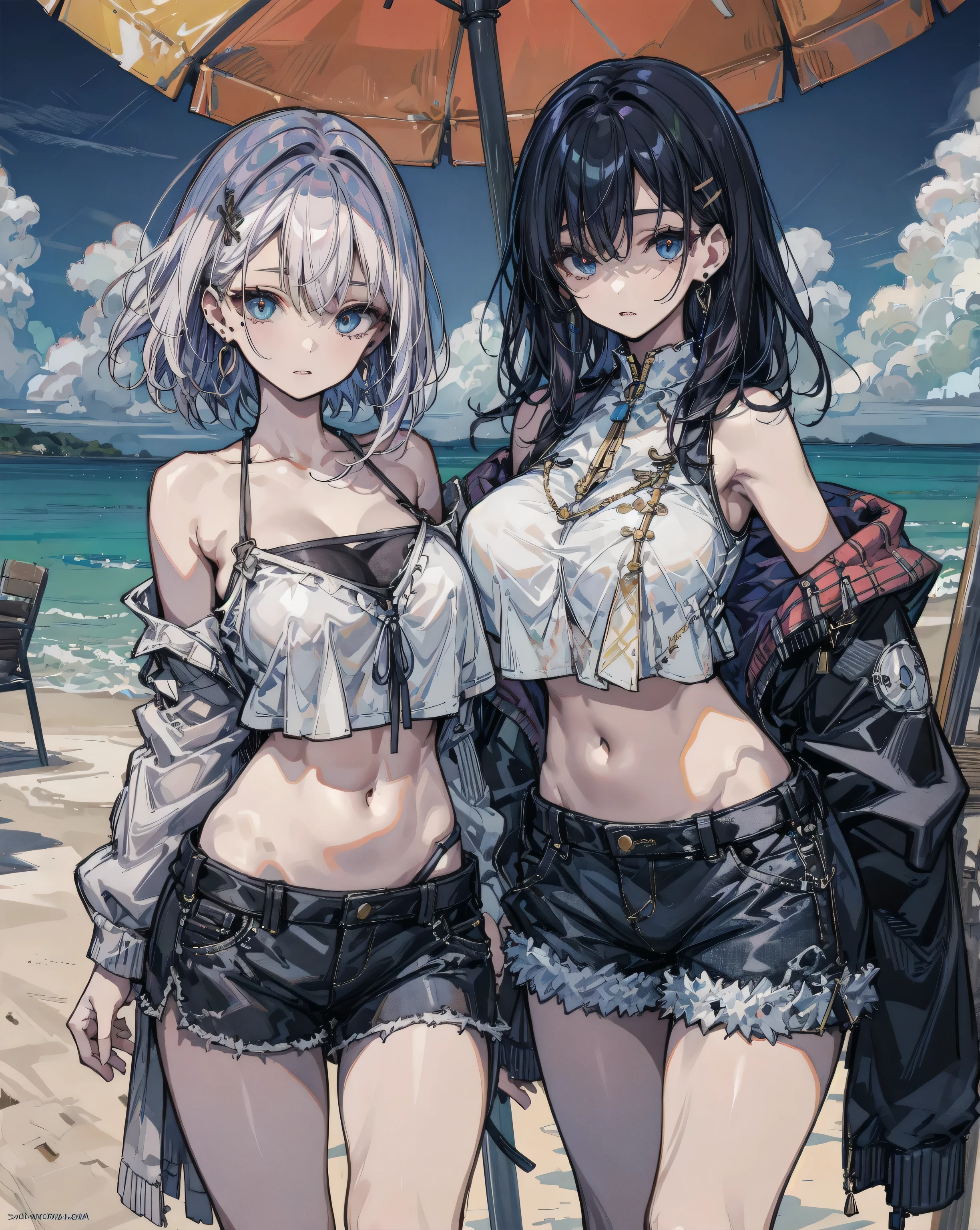 Two Girls cute Background inside Sea (Two Girls Wolf ears Brown short hair White shorthair Frilled bikini Oring Bikini Clothing hoodie) Petite Normal chest Thin thighs first round