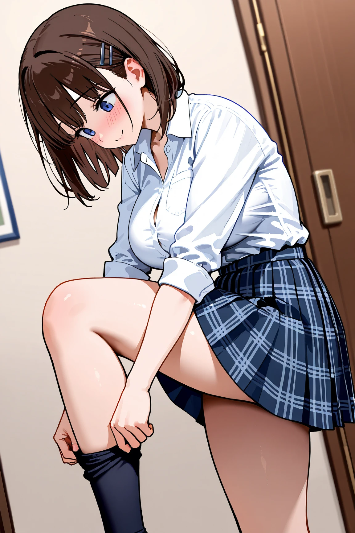 score_9, score_8_up, source_anime Bibl3, cute girl, busty shortstack, brown hair, twin braid hair, hair ornament, hair ribbon, school skirt, huge breasts, heavy breasts, breast expansion, full lips, vivid lips, wide hips, thick thighs, cum dripping from pussy, striped stockings, viewed from below, doorway of school office, soft smile, innocent expression, pussy focus, looking at own pussy, raised eyebrows, detailed eyes, detailed face, detailed pussy, detailed cum, pretty woman, impregnation, night