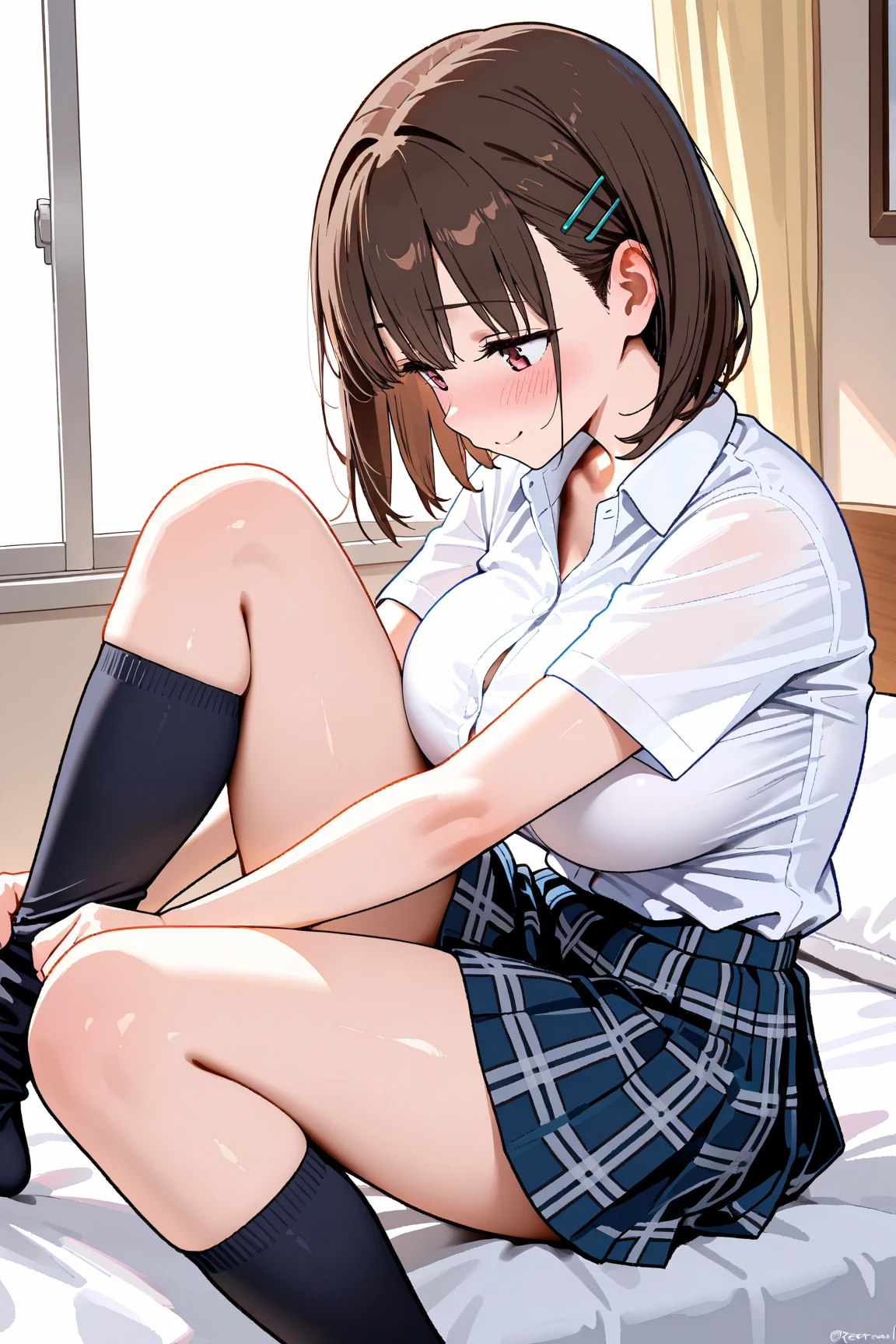 nsfw,masterpiece,ultra detailed,8k,dress shirt,(short plaid pleated skirt),curvy body,(tanned skin:1.3),black hair,seductive cute face,checked panties,navy high-socks,sitting on carpet,knees up,at messy private room,clothes on floor,wardrobe,desk,(messy floor),short hair,cheerful girl,sweaty,humid,tanline on thighs,(grabbing own thighs),blushed and smile
