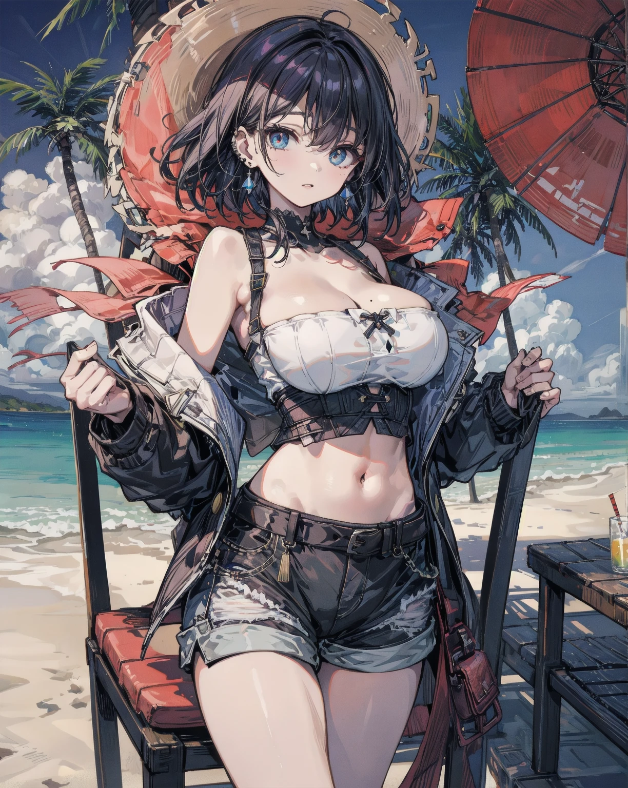 (masterpiece, Highest quality, Very detailed),One Girl,((Ultra-fine illustrations)),((Cute eyes,Very detailed肌)),((Blessed,Blessed,Captivating body、Detailed Background))、(sun、vacations、tropical、White sand beach、You can see the sea in the distance)、(Shiny skin:1.2), (Face full of joy:1.3), (ビーチパラソルの下のラウンジャーに座りながらtropicalジュースを飲む:1.3), houshouBikini, heterochromia, red eyes, yellow eyes, ponytail, long hair, jewelry, baseball cap, sunglasses, eyewear on headwear, black jacket, open jacket, white shorts, short shorts, red bikini, string bikini, o-ring thigh strap
