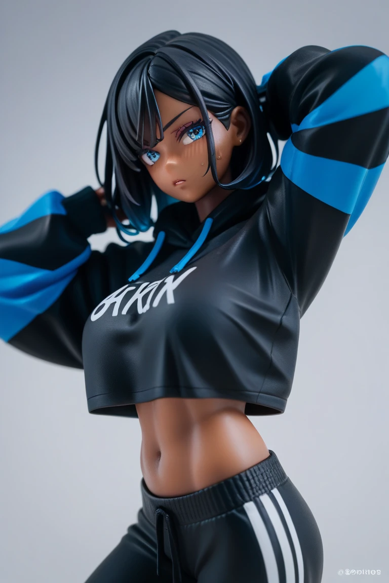 1 girl、緑eye、smiley、black hair、Blue Gradient Hair、short hair、Cropped Hoodie Under Bob Cut、Blue Leggings、Skinny waist:1.3、big breasts、Giant hips、belly button、Lower breast cut hoodie(details face:1.2)、(details face:1.2)eye:1.2)、(detailed background)、graffiti wall