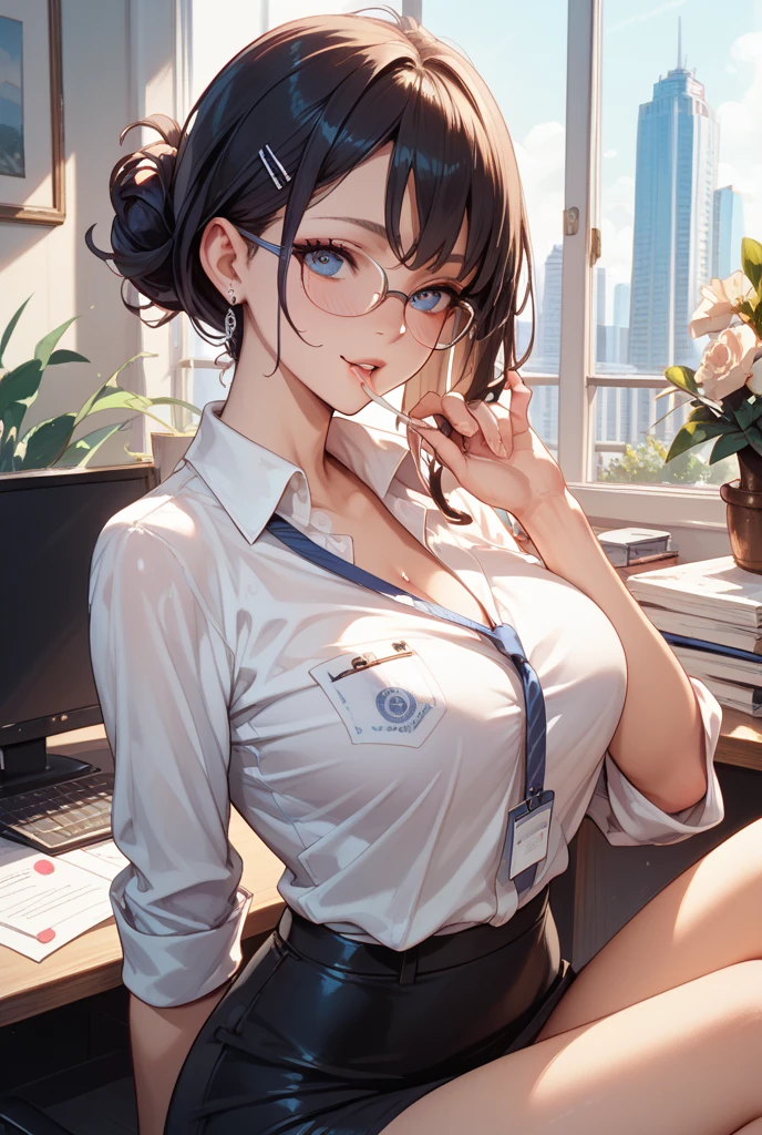 masterpiece, best quality, ultra detailed, dynamic angle, looking at viewer, watercolor and oil painting fusion, hot black artwork, white line art, beautiful woman, 1 woman, older woman, beauty, perfect anatomy, perfect eyes, perfect fingers, perfect hands, anime girl, secretary, sexy short dress, glasses, tight, ass, breast, thighs, black hair, siren black eyes, seductive smile, office background, soft, seductive, hot, spicy,