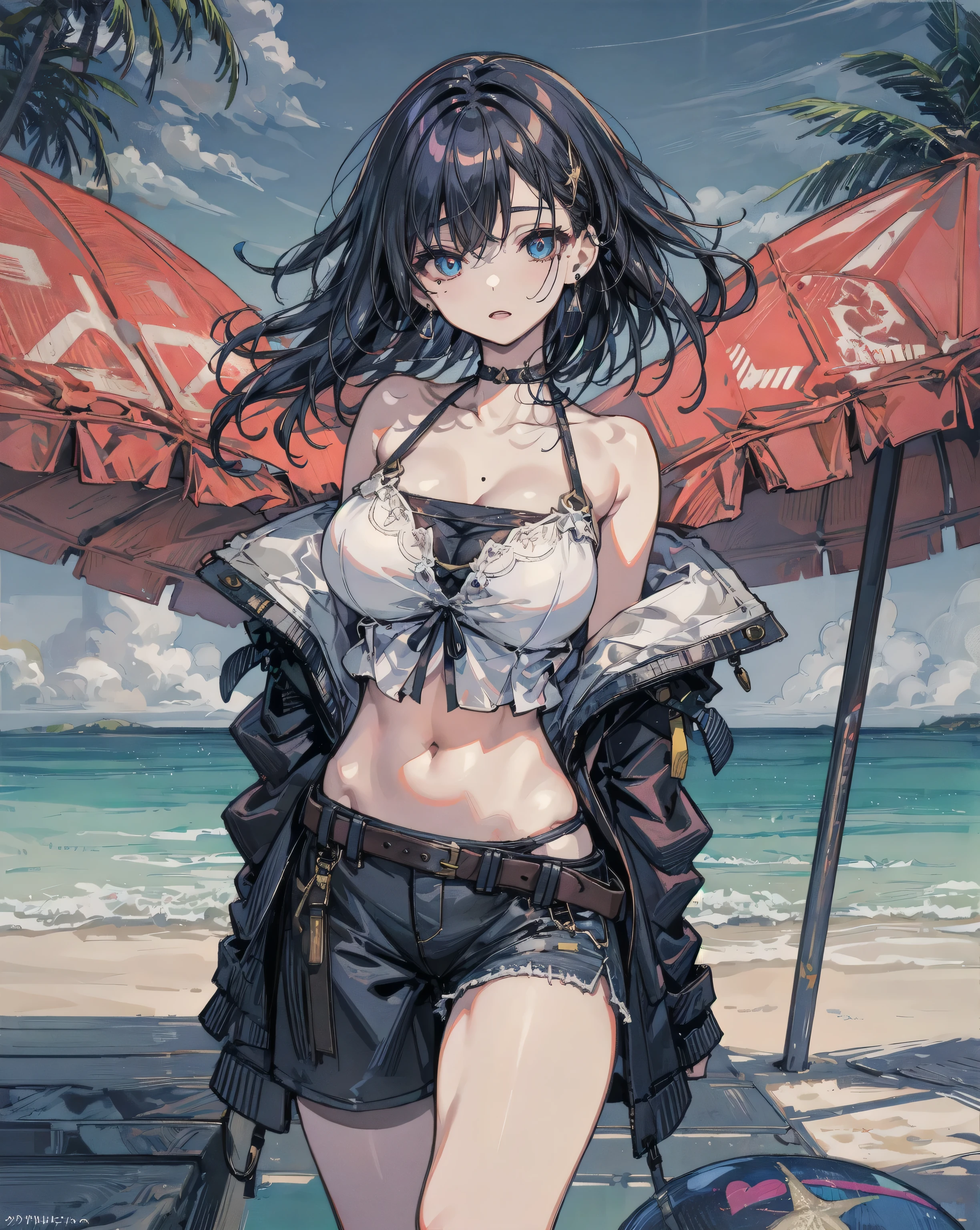 Anime, flat , (Ellen 18-years-old, short dark layered hair, Brown-eyed, small breast:1.0), hair clips 
Fantasy Rogue outfit, belt, spread legs, sitting, smirk , groin , fantasy seaside park 