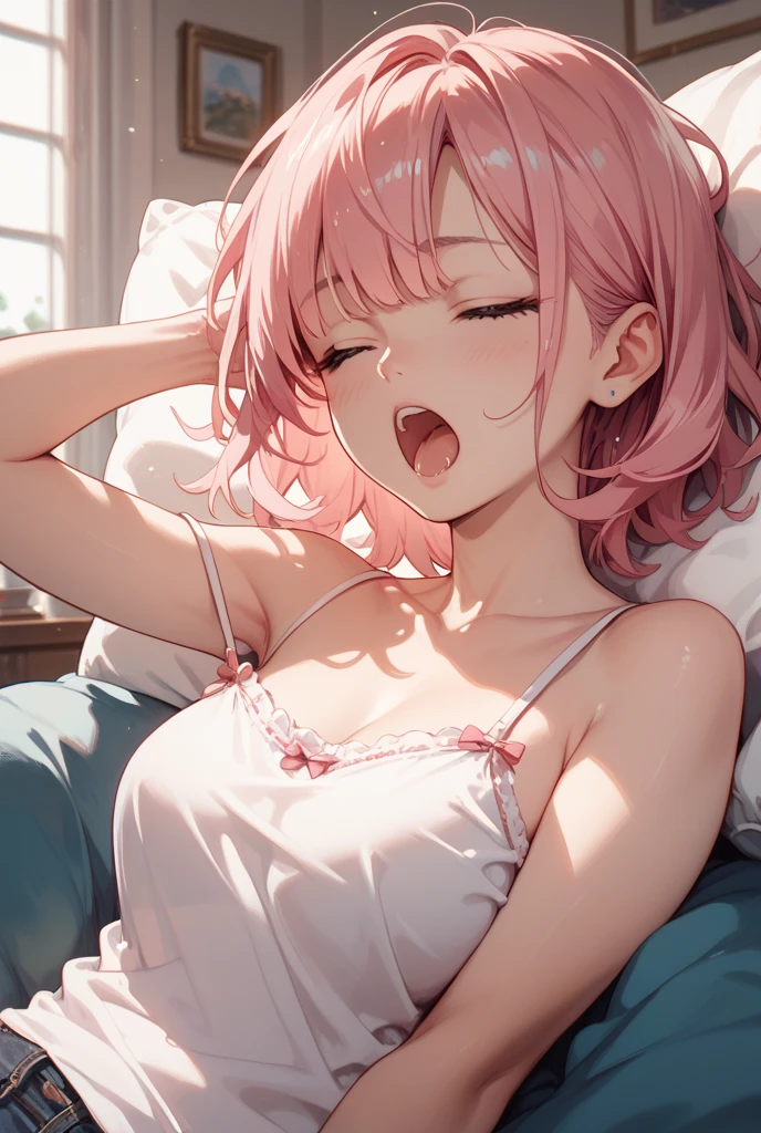 (One transcendent beautiful girl)、ultra-detailed、(8k, RAW photo, best quality, masterpiece:1.2), (extremely detailed 8k wallpaper),professional lighting,sharp focus, depth of field、(((Detailed and accurate face))),(((head shot)))、nfws,((Pink curly hair、Short Bob、Rainbow colored curly hair))、((Medium breast)),((Loungewear、T-Shirts)),((Highest quality)), ((masterpiece)), ((Perfect Face))、(((Just before climax、orgasm、Blushed、Ecstasy face、Ahegao)))、((Close your eyes tightly))、((Heavy breathing、Sweat)),((Raise your hands,armpit)),((Vertical motion effect))、(On the bed、pillow)