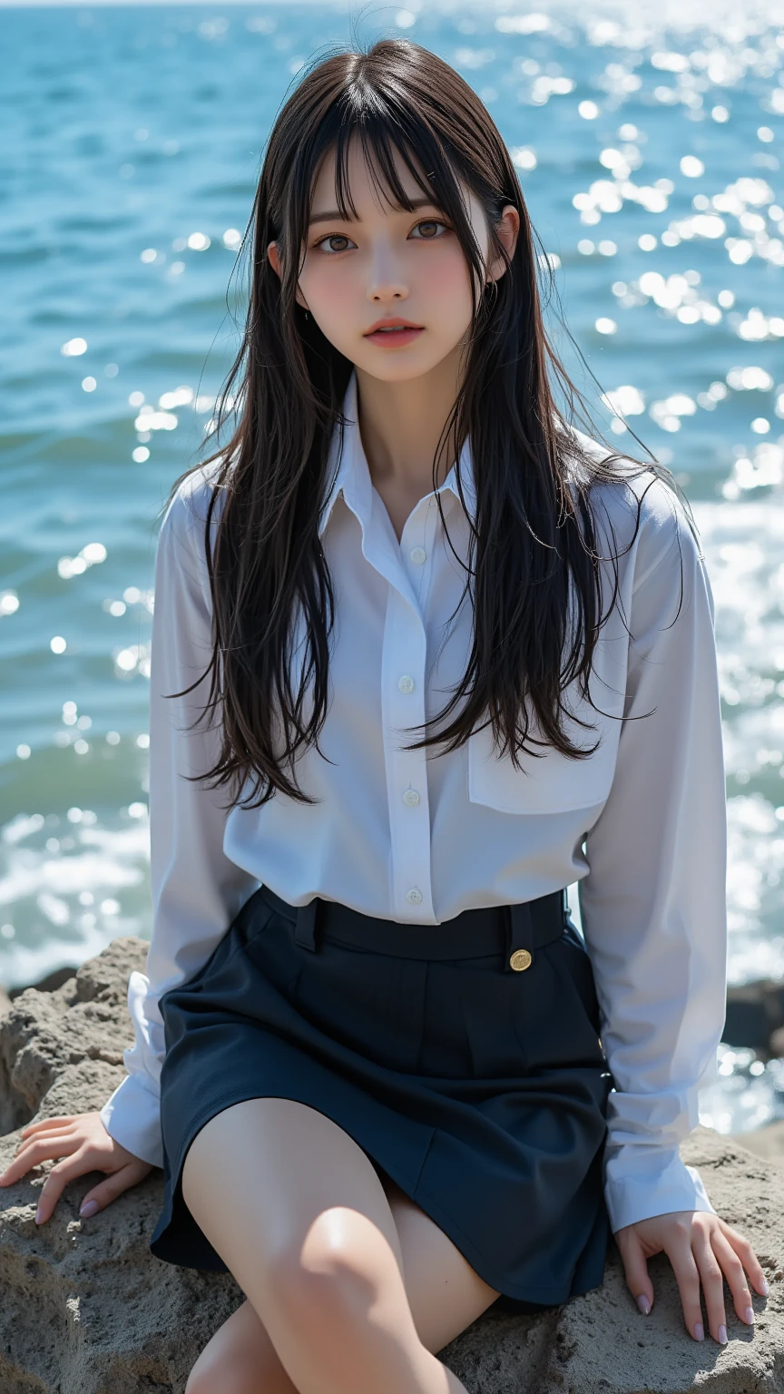 Gray background、pubic hair、Large Breasts、Thighs、Red lipstick、Curly Hair、Disheveled Hair、Cute woman、high school girl、White shirt、Navy blue mile、Open chest shirt、Watching from behind、Butt、One Woman、Gazing at the sea、