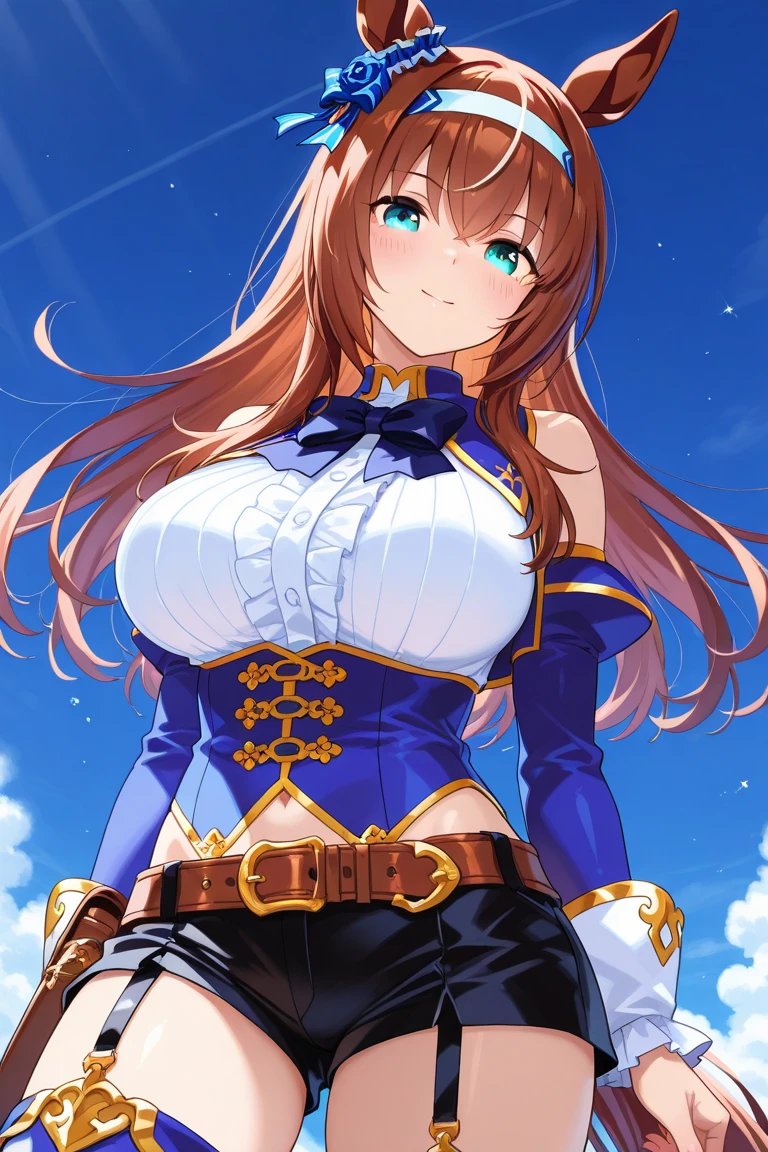 Kousaka honoka, blue eyes, masterpiece, best quality, (1girl:0.999), (breasts:0.959), (cleavage:0.939), (long hair:0.939), (hair ornament:0.932), (thighhighs:0.904), (boots:0.893), (strapless:0.838), (shorts:0.836), (thicc body), (large breasts:0.720), (collarbone:0.683), (flower:0.646), (cuffs:0.581), (closed mouth:0.571), (weapon:0.556), (holding:0.542), (garter straps:0.508), (hair flower:0.508), llchar, Night, sky, stars