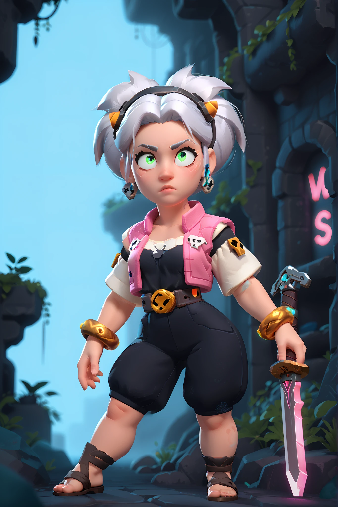 A girl with feline characteristics, Shiny, flowing silver hair, serrated eyes with an intense glow, in a dark and futuristic dungeon with stone walls illuminated by soft neon lights. She wears a small short pink vest with sleeves, with black relief details, a short black shirt underneath, very short black shorts that mark the entrances to the belly and thighs, highlighting her firm legs, wide hips in relation to her extremely thin waist, and arched back and lower back. She wears stylish and minimalist sandals. In your hand, hold a minimalist futuristic sword with details of electronic circuits shining in neon tones. Their thick and loose bracelets emit pulsating energetic details. The pose is confident and agile, with an atmosphere of action and mystery. The style is realistic, with detailed textures, dramatic lighting that highlights the reflections of silver hair, sword circuits and bracelet energy, in a massage environment Morra with cyberpunk and medieval aesthetics.