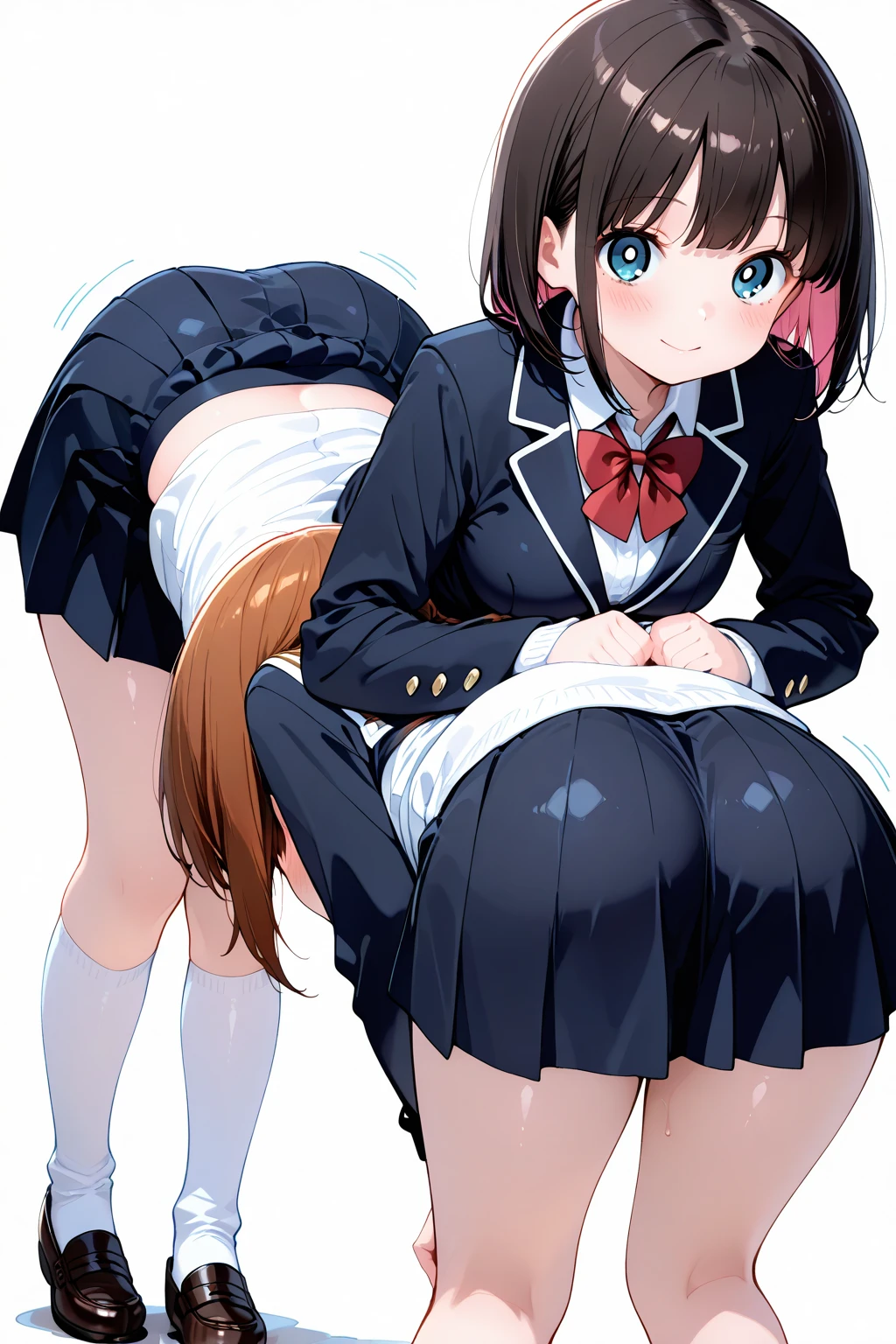 brown eyes,long hair,clover hair ornament,ahoge,blue jacket,white dress, long sleeves,green bow, black thighhighs,sneakers,amamiya mimori,dress lift, panties,indoor,slender legs,flustration,shadow, befind wall,((doggystyle sex)),boy grabbing hip, penis,hand on wall,press penis to hip,
