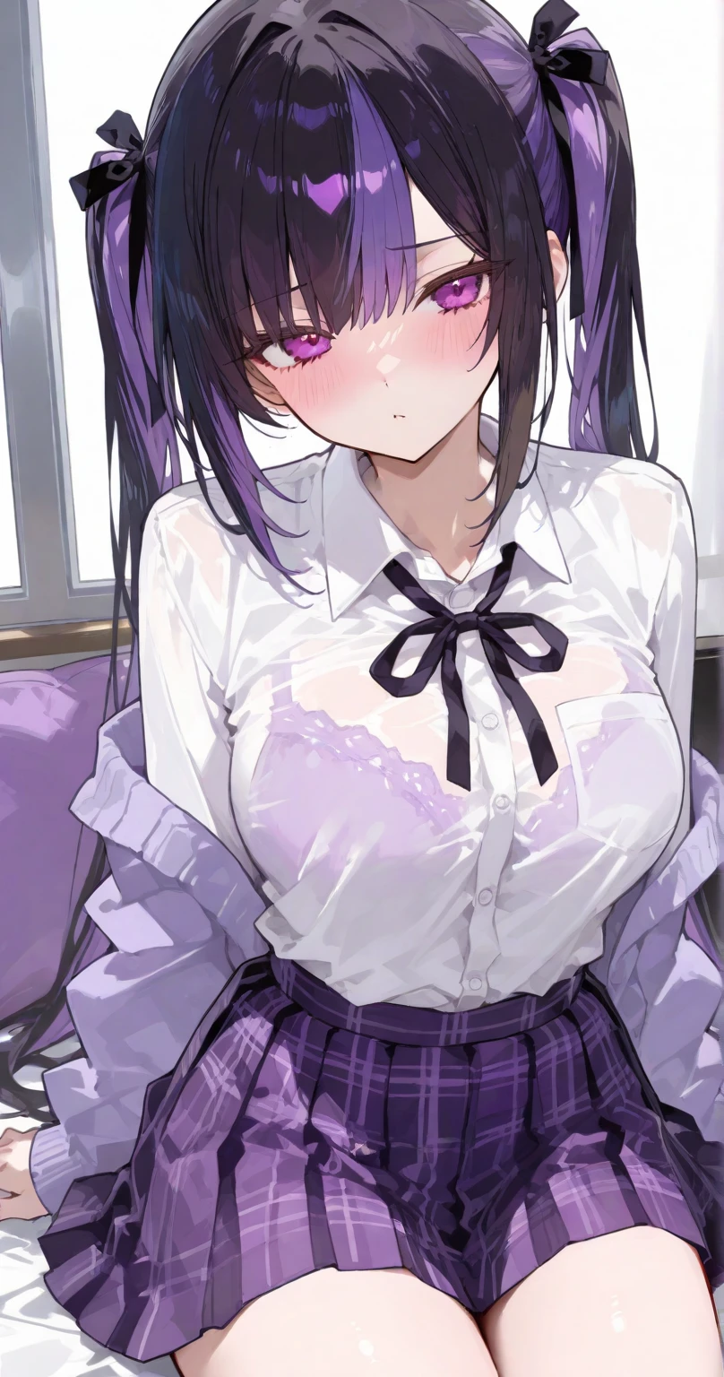 masterpiece, One girl, JK uniform blouse pleated skirt brown hair girl, Long Hair, The body is slim, Pink eyes, Baby Face, Beautiful breasts, Round Breasts, Long sleeve, Beautiful Eyes, Black knee-high socks skirt, Bedroom M-legs Pussy Legs Opening Arousal Slanted Eyes Topless Big Tits Love Juice Dildo Masturbation Moaning Inserting Dildo In Pussy