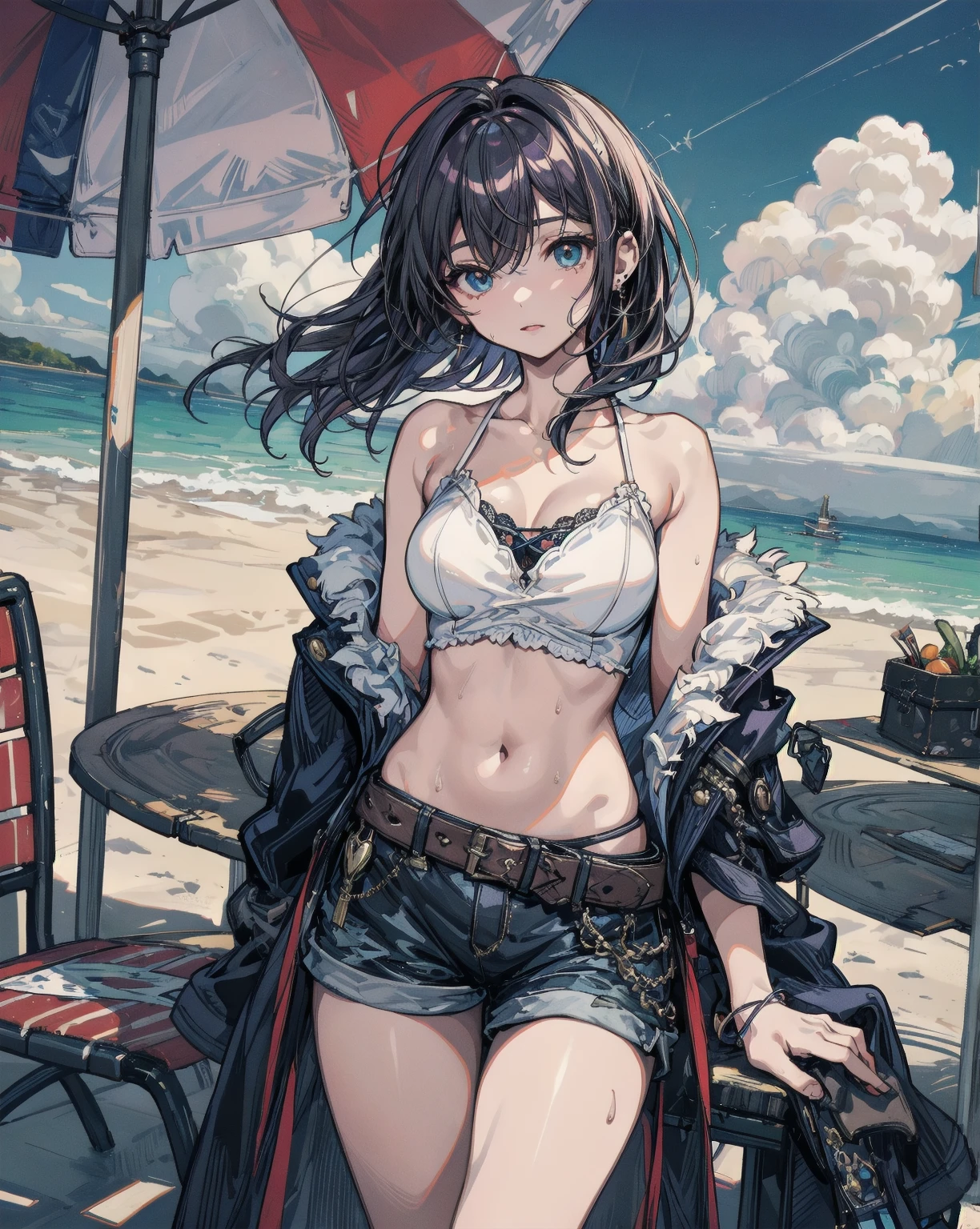 best quality, masterpiece, highres, solo, {leto_arknights:0.90}, {night:1.10}, {starry sky:1.10}, beach, beautiful detailed sky, {extremely detailed background:1.20}, {standing:1.10}, looking at viewer, {bikini:1.30}, light smile