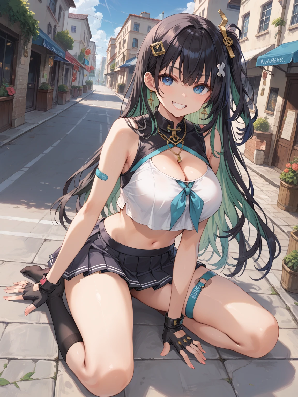 Medium Hair, Glossy Hair, Floating Hair, Sparse Bangs, Hair Band, Hair Flower, Cute smile with open mouth showing white teeth, Heart Earrings, Blush, Shy, Lip Licking, Full Blush, Verism, Hyperrealism, Surrealism, Depth Of Field, Large Boobs, Lens: 35mm / F1.2, Canon, Shrinkage, Ticker, Retina, Mastepiece, Curate, Anatomically Correct, Textured Skin, Super Detail, High Detail, High Quality, Awards, Best Quality, High Definition, 1080p, Hard Drive, 4K, 8K , 16K, Blouse, Mini skirt, Brake, Blue eyes,