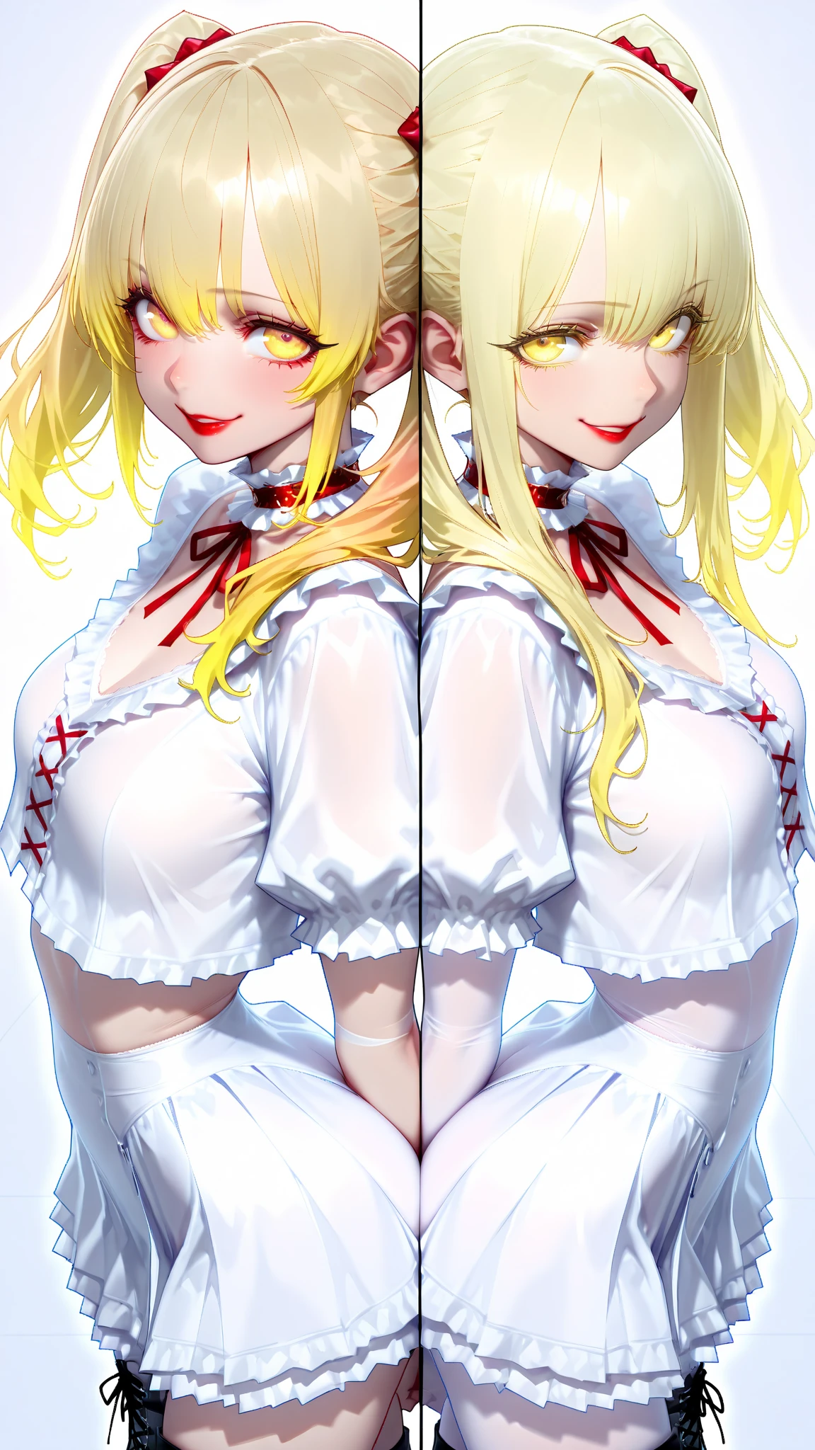 Masterpiece, 2k, 1girl, portrait of anime girl, portrait of anime style, anime girl, blonde hair, little curvy loli, portrait of anime girl, red eyes, detailed portrait of anime girl, swollen breasts, anime girl, gentle, white background, blush, chest full dress, long hair, open horns on the head, white clothes, delicate skin
