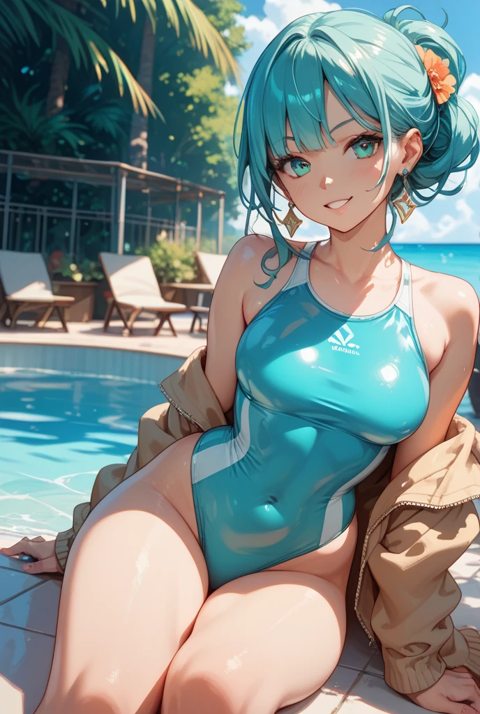 highest quality,wonderful,masterpiece,delicate,ultra high resolution,Super detailed,intricate details,beautiful,8K resolution,(Highly detailed CG Unity 8k wallpaper),sharp focus、big breasts、Upper breasts、green hair、short hair、vivid hair、、Shaggy hair、Cat ear、Glossy skin、My skin is shining、Vibrant skin、、、short、kawaii、beautiful目、white school swimsuit、wet、white school swimsuitが透けている、Water droplets are on the body、dark skin、black skin、black skin、surrounded by multiple women、There are multiple women around、Lots of women around、choco skin、I can see my knees、outside、Poolside、