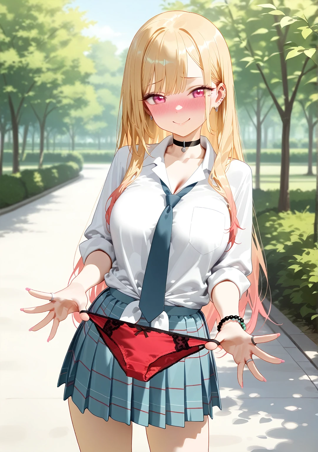 masterpiece, best quality, highres, 1girl, blonde hair, medium hair,hair clip, white skirt, pink shirt, hair ribbon, jewelry, ponytail, necklace, collarbone, bare shoulders, diamond earrings, short sleeves, outdoors, standing, wearing backpack, (backpack:1.2), more detailed, NFSW, semi nude, show breast, show nipple, (Lifting a t-shirt to show off nipple:1.5))), sexy, lewd, hot,seductive, show vagina