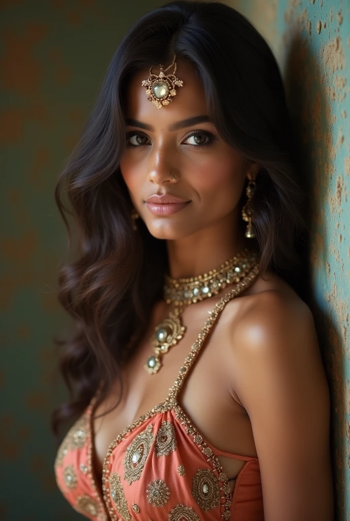 A 24 year indian girl bindi on head boobs size 38 in gown full hd realistic every detail of her reel teeth detail hq waiting on gate