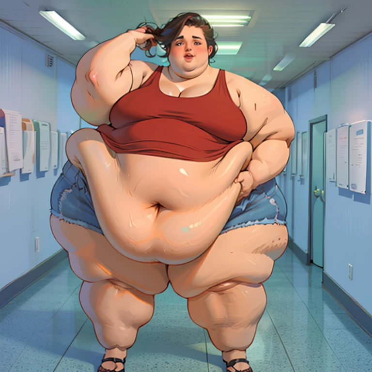 A young woman in a bikini, massive bloated overstuffed heavy protruding bulging obese round belly, hyper massive obese tall wide round heart shaped bubble butt, wide fat hips, massive fat round breasts, deep long cleavage, so full it hurts, gurgling belly, sloshing belly, distended belly, churning belly, it hurts being so full but it feel so good, squishy belly, bellies squished together,  squished together, shes upset her friend isnt as fat as her, shes making her obese, wide stance, struggling to stand, deep navel, juicy fat ass, massive food baby, trying to hold up obese belly, massive underboob,