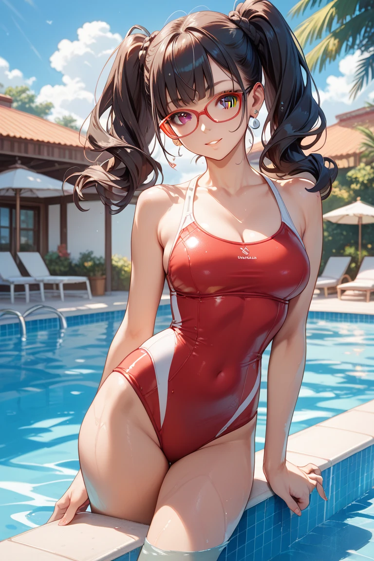 8k, RAW Photos, Highest quality, masterpiece, Realistic, Realistic, (1 Ultimate beauty), Mature Woman,(Strictly adhere to a composition where only one person appears in the photo)、(In the kitchen)(Wear rimless glasses)((Wearing a light red swimsuit))(Married women) Highly detailed face, (Perfect Teeth), fine grain, double eyelid, eyelash, Lip details, (((Black short bob hair))), (((Very large breasts)))Big Breasts,((Increase nipple protrusion))(((Spread your legs to emphasize your crotch)))(((She is sitting on the counter with her legs wide open)))(((Spread your legs in an M shape)))(((Accentuate the crotch)))Cowboy Shot,  Soft Light, ((Written boundary depth)) 
Proceed with caution，((Age 35, Japanese women)), (((moderately fleshy body, Tight waist))), (((Front view, Realistic buttocks,))Front view