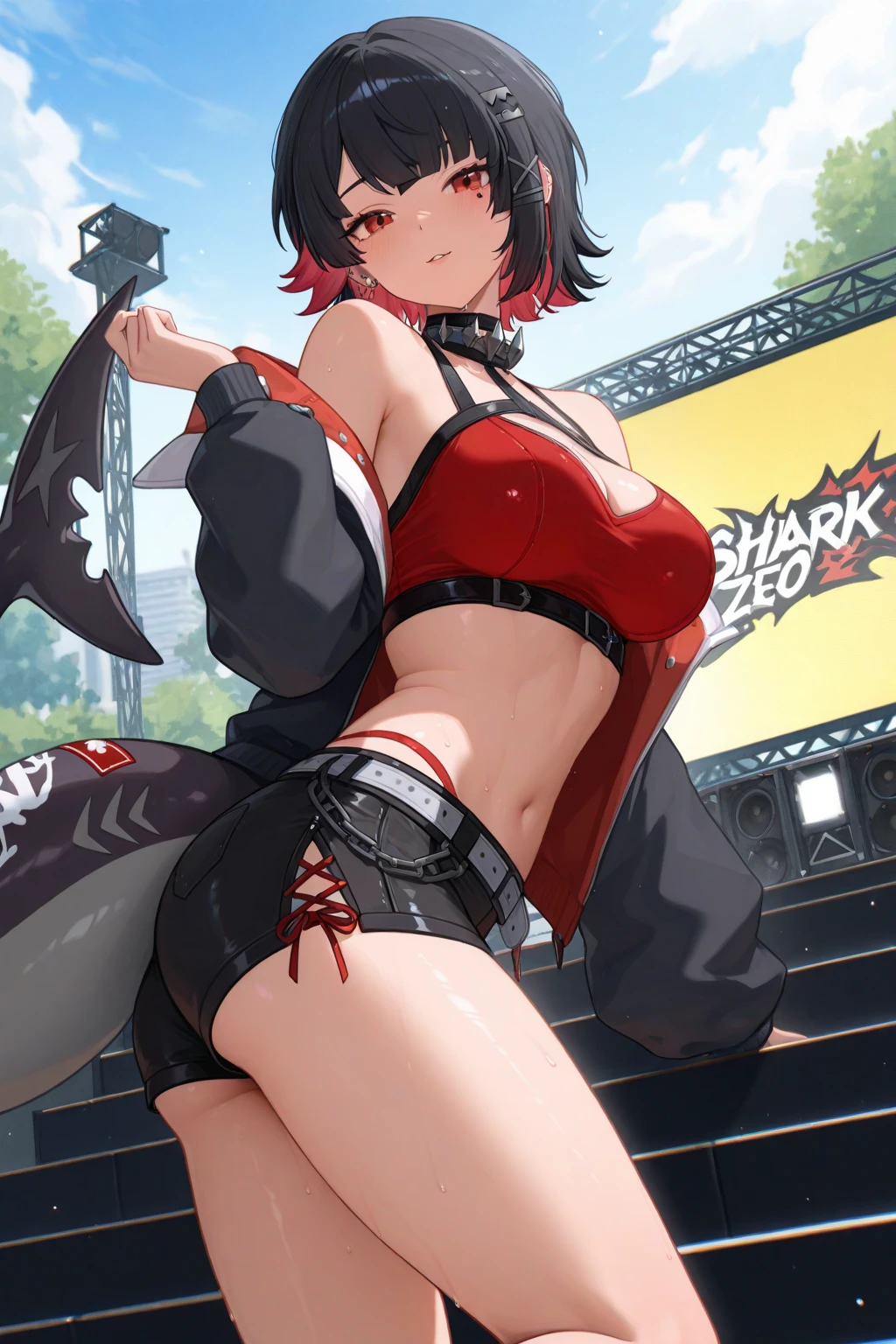 (anime art style:0.5), 2d, masterpiece, best quality, very aesthetic, absurdres, dynamic shadows, atmosferic, ellen_joe, genshin impact, (1girl), (solo), (black hair), short hair, red locks, red eyes, detailed eyes, mole under eye, hair between eyes, bangs, medium breasts, curvy body, makeup, (one tail), fish ornaments, fish tail, spiked choker, spiked bracelet, spiked headress, x hair ornament, ear piercing, red nail polish, white bikini, string bikini, (sexy smile), (cowboy shot), (standing), ((from front)), (spread legs), looking at viewer, street, futuristic city, clouds, night, building, people