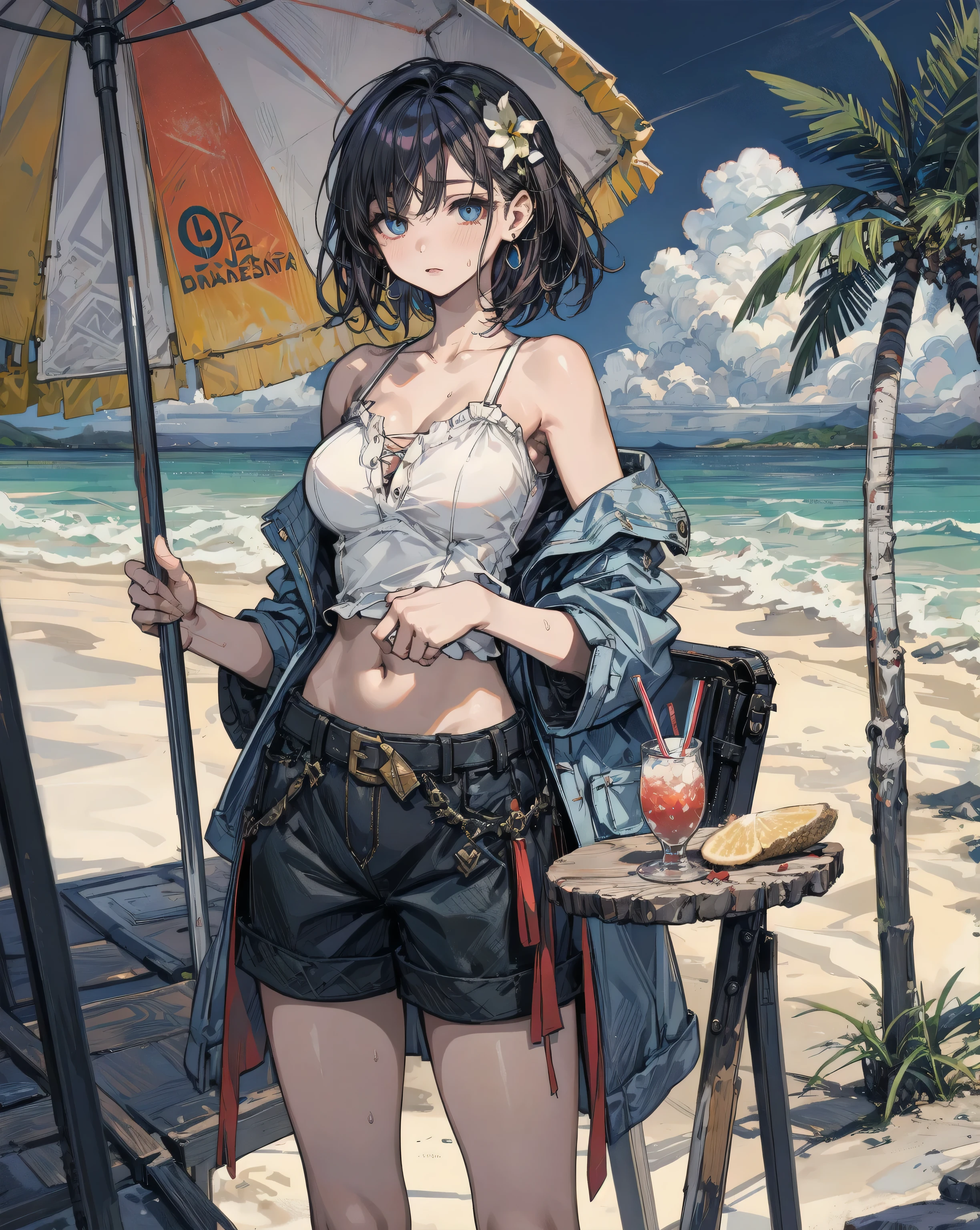 flatcolor,(masterpiece, best quality,ultra highres), japanese retro poster of a tween girl with short hair in the style of a vintage print with the words "Macallan" written in the style of english on it,sitting on the beach, (has a whisky glass in her hand),featuring a vintage bikini with a black and gold colour scheme in an anime style.