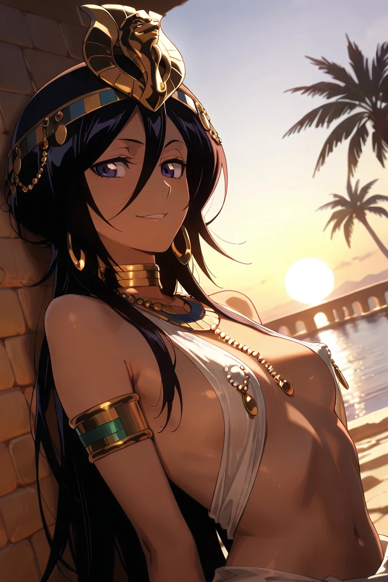 naked, topless, pantyless, raised leg, hair tied in a ponytail, iridescent black hair, glowing eyes, gold accessories, gold chains around the chest, gold piercing, gold earrings, gold necklace, gold belt, gold choker, gold thigh garter, gold armlet, gold bracelet, gold headband, sitting on grass near a river, lustrous dark skin