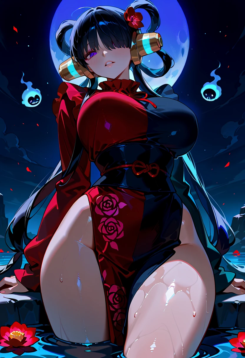 Woman body set large breasts(best quality, highres, ice skull:1.1), A girl with a body made of lava, featuring a Dracula Orchid pattern. (best quality, ultra-detailed), (realistic), vibrant colors, intense lighting, lava-like texture, hauntingly beautiful composition, surreal atmosphere, contrasting dark shadows, mesmerizing glow, detailed facial features, flowing lava tendrils, fiery eyes, ethereal presence, intricate floral patterns, mysterious aura."