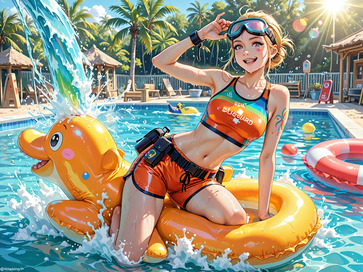 Zsa Zsa, the female anthropomorphic Vain Sulphur-Crested Cockatoo in her yellow bikini is floating on her inflatable donut innertube in her private swimming pool.