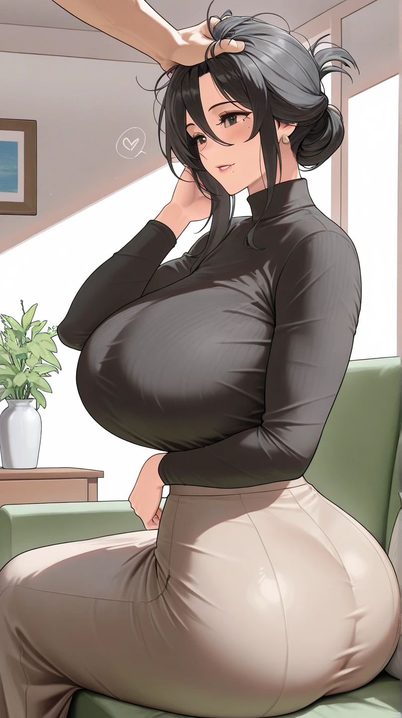 Best quality, solo mature woman, giant breasts, giant ass, very curvy, short pony tail with bangs, walnut brown eyes, full lips, seductive, smiling, exposed white button up tied in a knot, plaid skirt, bracelet, thick thighs, curvy physique