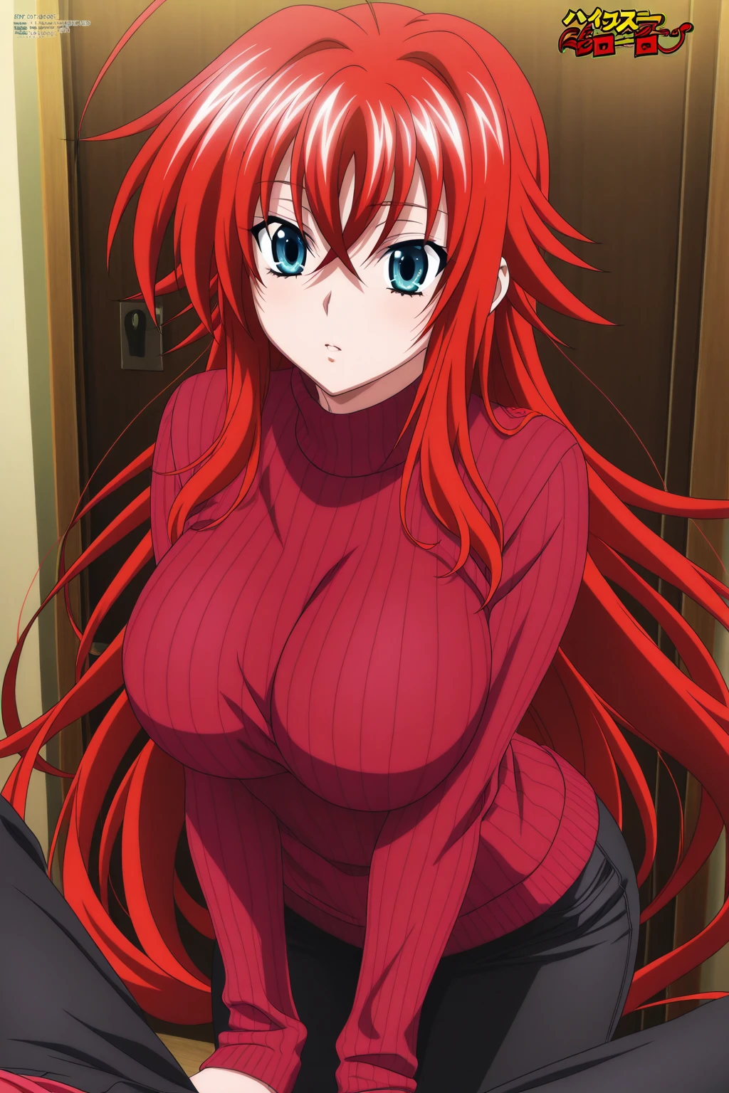 anime girl with red hair and black dress standing in front of a window, rias gremory, seductive anime girl, erza scarlet as a real person, marin kitagawa fanart, she has red hair, anime girl with long hair, [[[[grinning evily]]]], female anime character, with red hair, sultry smirk