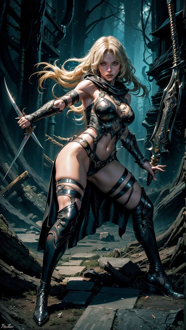 Sexy 1 adult cute female elf, blonde long hair, dressed leather in medieval clothing, agitated state, indignant, angry, fighting off the tentacles of a slime monster in the middle of a well-lit cave, looking at the viewer. photorealistic, soft light, overall detail: 1.5