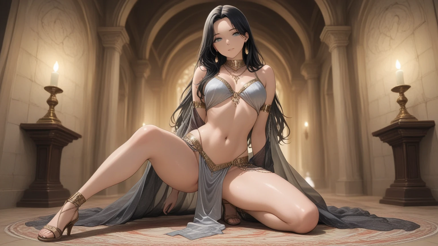 elegant slender beautiful girl, albedo (overlord), model appearance, long slender legs, straight black hair (butt length), cute, fragile, shy, imperial throne background, 1girl, hyper detailed, 8k, photorealistic, extremely detailed eyes and face, long eyelashes, detailed clothing, studio lighting, cinematic lighting, dramatic lighting, sexy pose, brone bikini, pearl jewelry, intricate intricate details, realistic skin textures, volumetric lighting, glowing skin, volumetric fog, depth of field, ultra-detailed, masterpiece, highly detailed, extremely detailed, photo-realistic, 4k, high quality. Nsfw