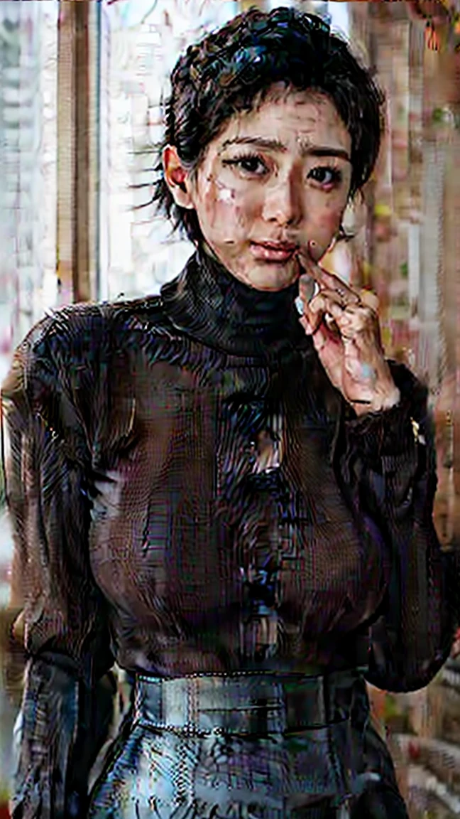 (masterpiece:1.3), (8k, photorealistic, RAW photo, best quality: 1.4), (1girl), beautiful face, (realistic face), (black hair, short hair:1.3), Nice hairstyle，photorealistic eyes，Nice detail eyes，（Realistic Skin），Beautiful skins，（Sweater)，choker，cleavage，absurdly huge breasts，attractive，Super high resolution，ultra Realistic，Very Detail，the golden ratio，standing a，stockings，thicc thighs