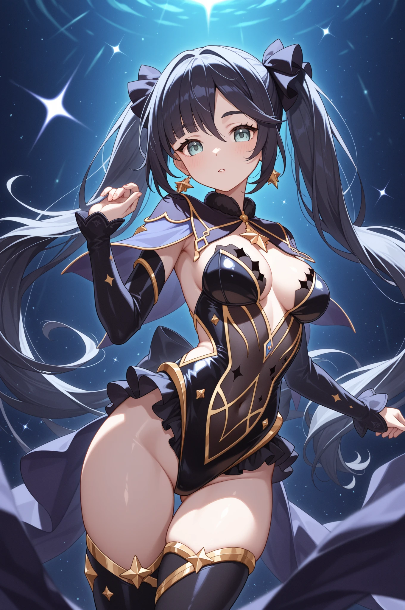 (HD, Sharp, Fractal), Single Woman, Super Glossy Skin, Magical Girl, 25 years old, Leotard, Mini Skirt,Big, Blue and Black Costume