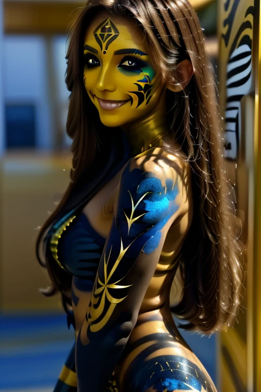 ((body painting art oil paint:1.3), (high-res, UHD, realism, Ultra Intricately details Photorealistic photo), extremely absurd super high quality details, (((upper body shot:1.4))), ((perfectly detailed real eyes, skin, hair)), ((perfect proportions)), ((anatomically correct)), ((firm and full breasts)), (skinny body build:1.2), cleavage, (perfect hot model body:1.4), ((with professionally paint clothes on her body:1.35)), 