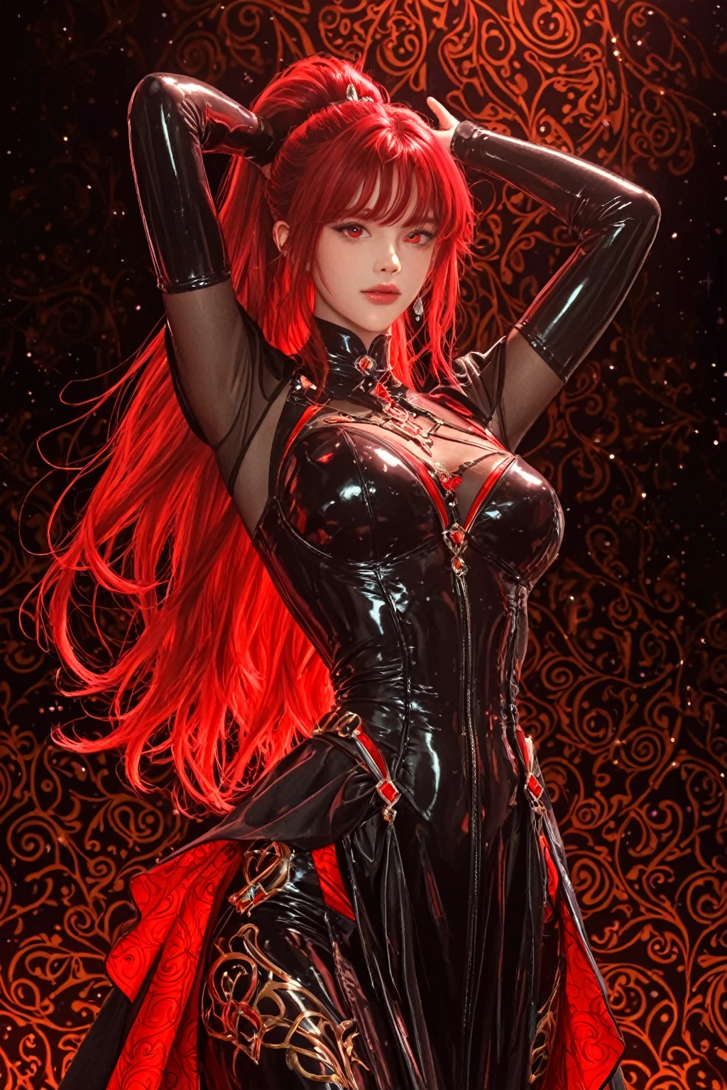1girl, solo, red hair in loose waves, green eyes, heart-shaped face, freckles, skimpy black latex clothing, degrading look, charm bracelet, delicate jewelry, neutral background, relaxed and casual, femdom, dominarix, looking down, findom, looking down, standing
