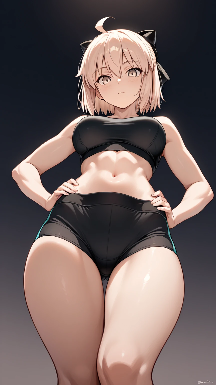 ((8K resolution))、((highest quality))、((masterpiece))、((Very detailed))、 (Anatomically correct)、((theme、whole body:1.1)), one person、girl、blush、Disgusting、(A slim but muscular body,Toned arms, Long, slender legs,),((hair:Short Bob、Inner Color)),(Grey sports bra、gray sports shorts)