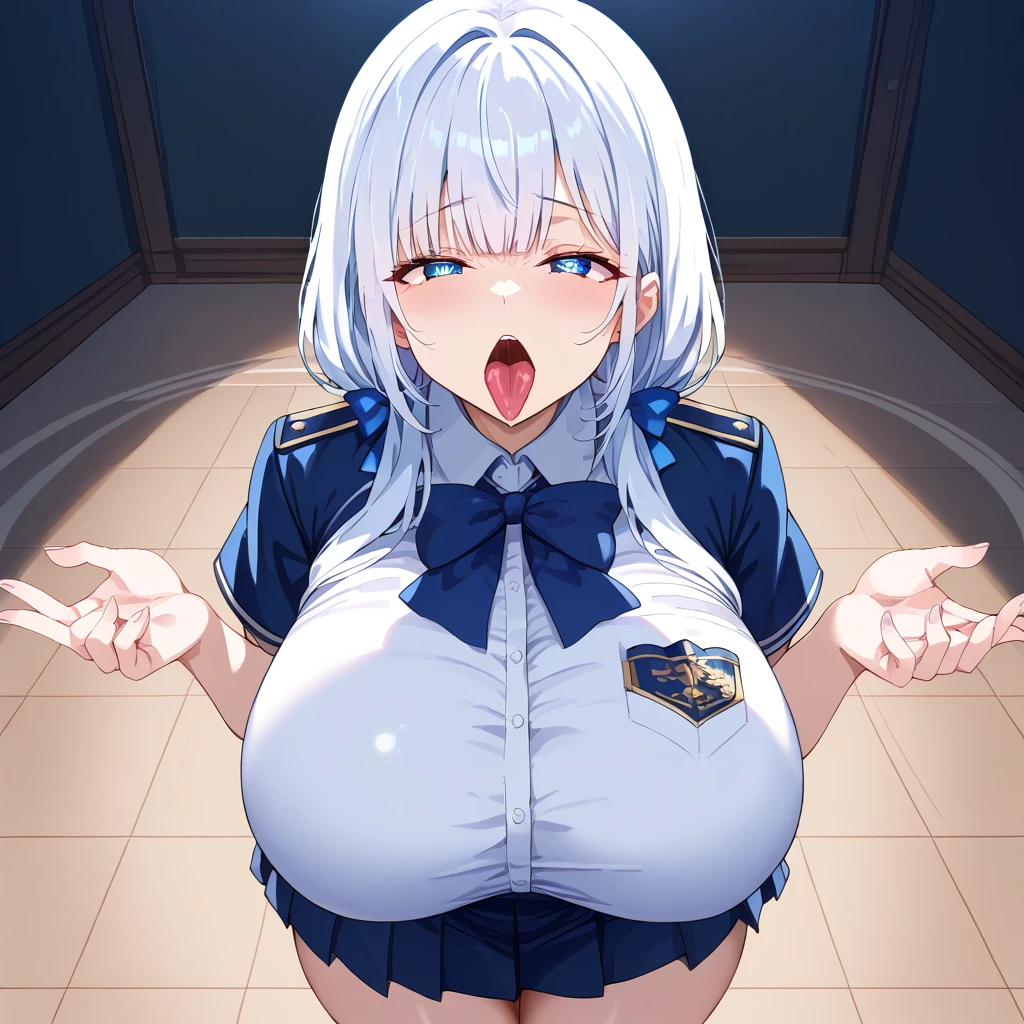 From side, unbuttoned, policewoman outfit, cleavage hole, naughty face, pov, Longest penis in the world, long penis, 1girl , 1boy, from side, penis between the breasts, breasts squeeze together, comedy, a naughty hot police woman arrested me a gives me a titfuck in my room, hahaha, laughing, sweat, areola slip, secret, pubic hair, unbuttoned